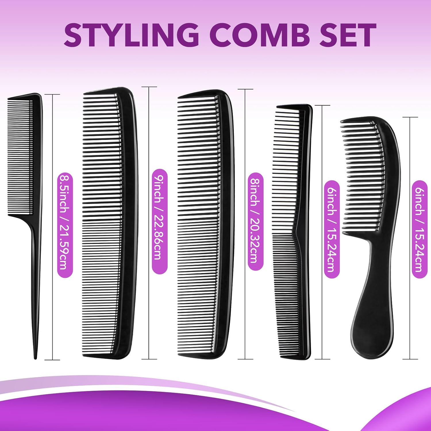 5 Piece Professional Black Comb Set, Premium Hair Comb, Fine Tooth Tail Combs and Styling Comb for Men and Women, Perfect for Parting, Teasing, Hairdressing, and Everyday Styling image number 3