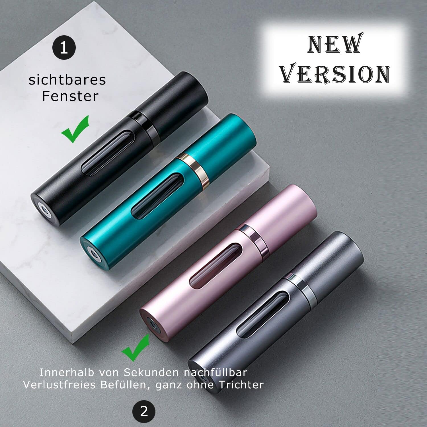 Travelofo Perfume Atomiser, Refillable, Empty Travel Perfume Atomiser, Mini Portable Spray Bottle with Window for on the Go, 8 Ml (Black & Grey)