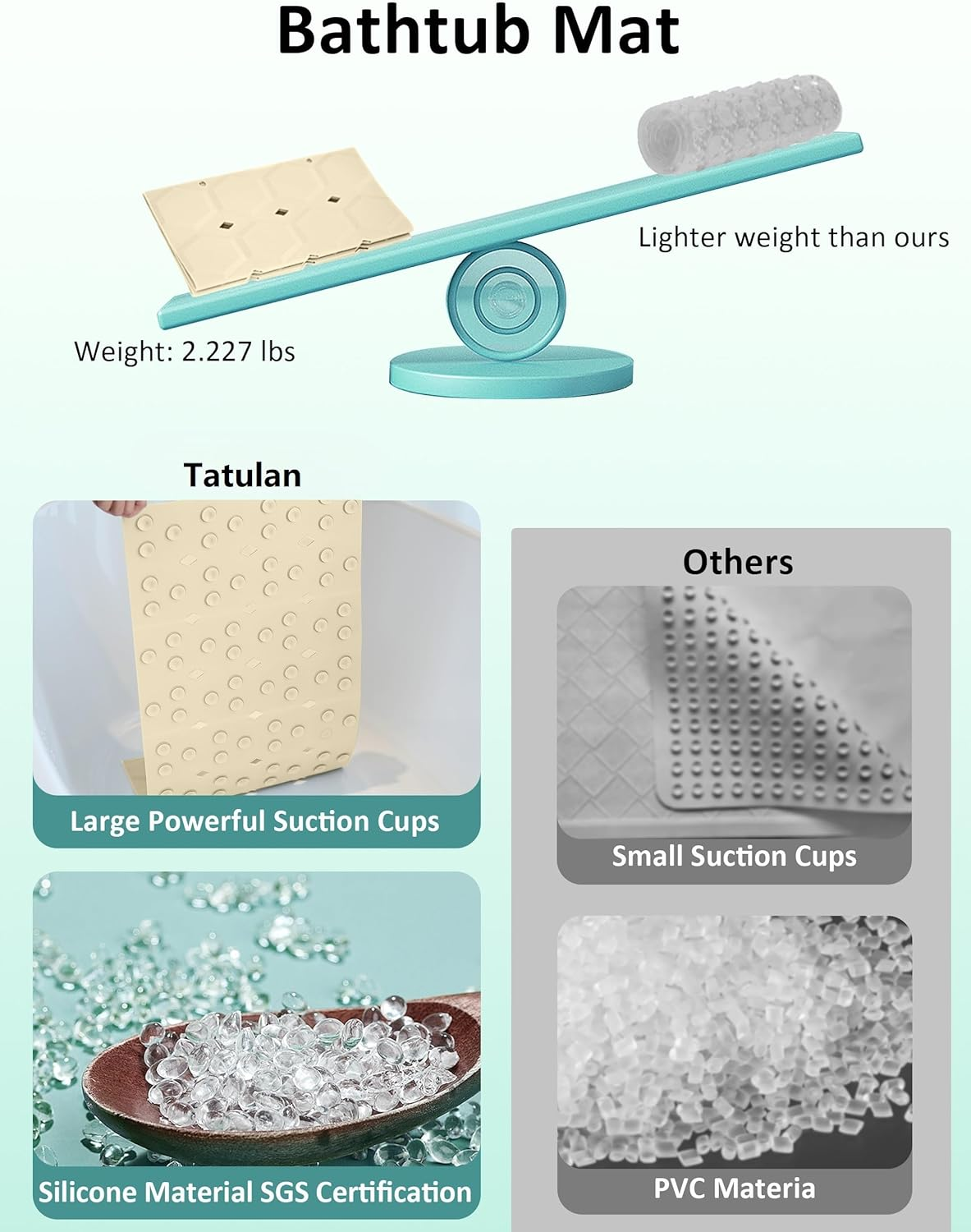 Non-Slip Shower Mats for inside Shower， 14 X 18 Inch Silicone Bathtub Mat Non-Slip, Bath Mat for Tub with Suction Cups, Drain Holes Bath Tub Mat (Light Ivory Color) image number 3