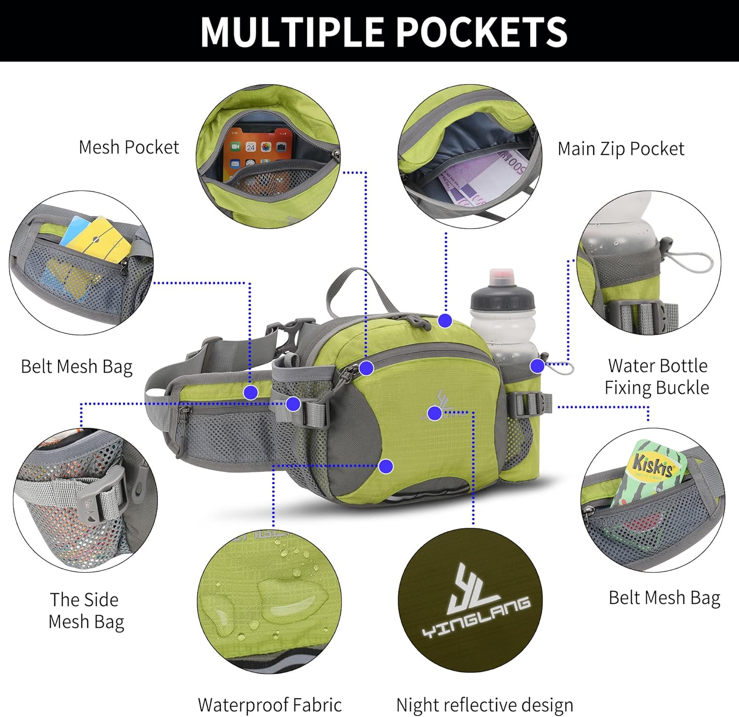 Water Resistant Bum Bag with Water Bottle Holder and Multi-Pockets, Large Capacity Waist Fanny Pack Bumbag for Dog Walking Hiking Travel Sports Women Men, Green, L - Blue image number 2