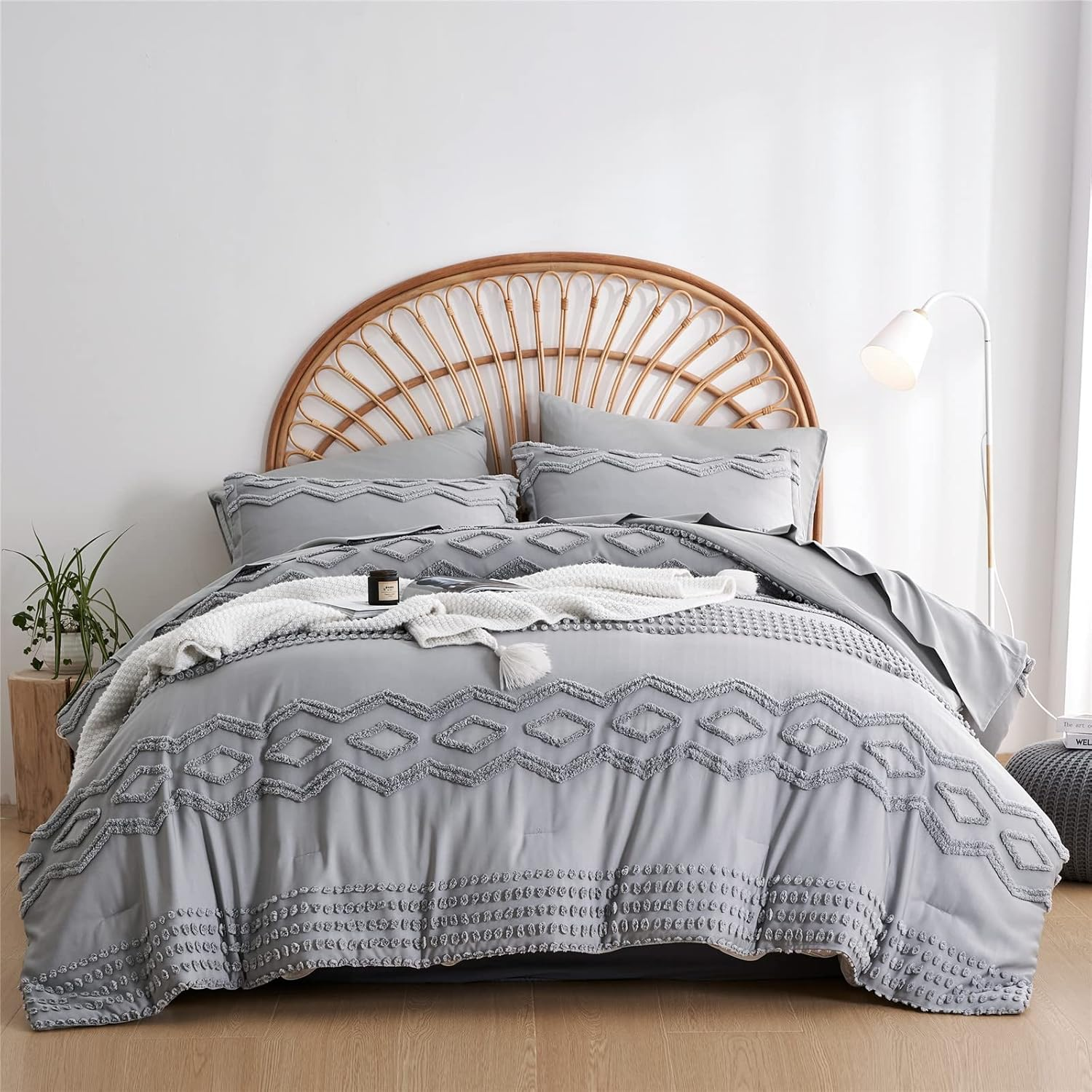 KAKIJUMN Grey Tufted Comforter Set King Size 7 Piece Bed in a Bag, Shabby Chic Boho Comforter and Sheet Set, Pom Pom Textured Bed Set, All Season Soft Microfiber Complete Bedding Set(Grey,King) image number 6