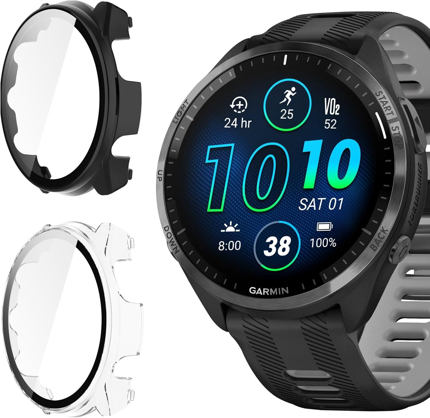 Vanrain Case for Garmin Forerunner 965, Pack of 2, 360&deg; All-Round PC Case with Protective Glass Bumper Full Cover Protective Case Black + Transparent