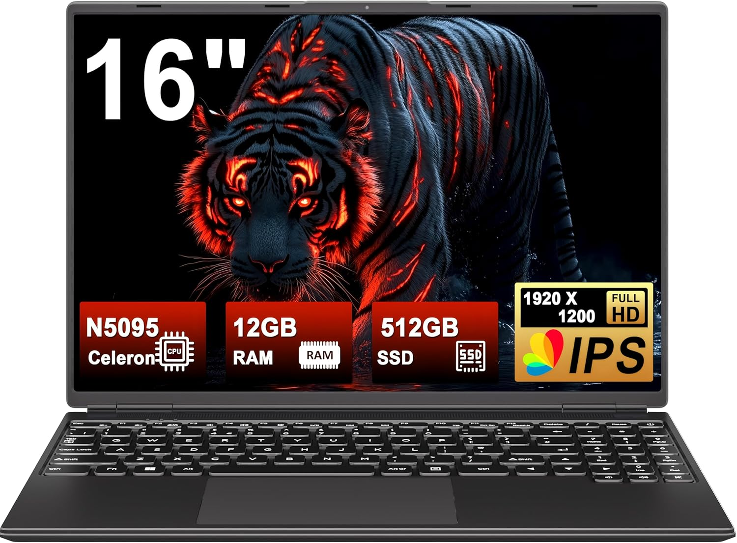 2025 Gaming Laptop 16 Inch Win11 12 + 512GB SSD Support 2TB (HDD-2TB) 1920 X 1200 Notebook 4-Core Celeron N5095 (Up to 2.9 Ghz) Laptop with Number Keyboard Wifi Mini HDMI German Keyboard Cover Black
