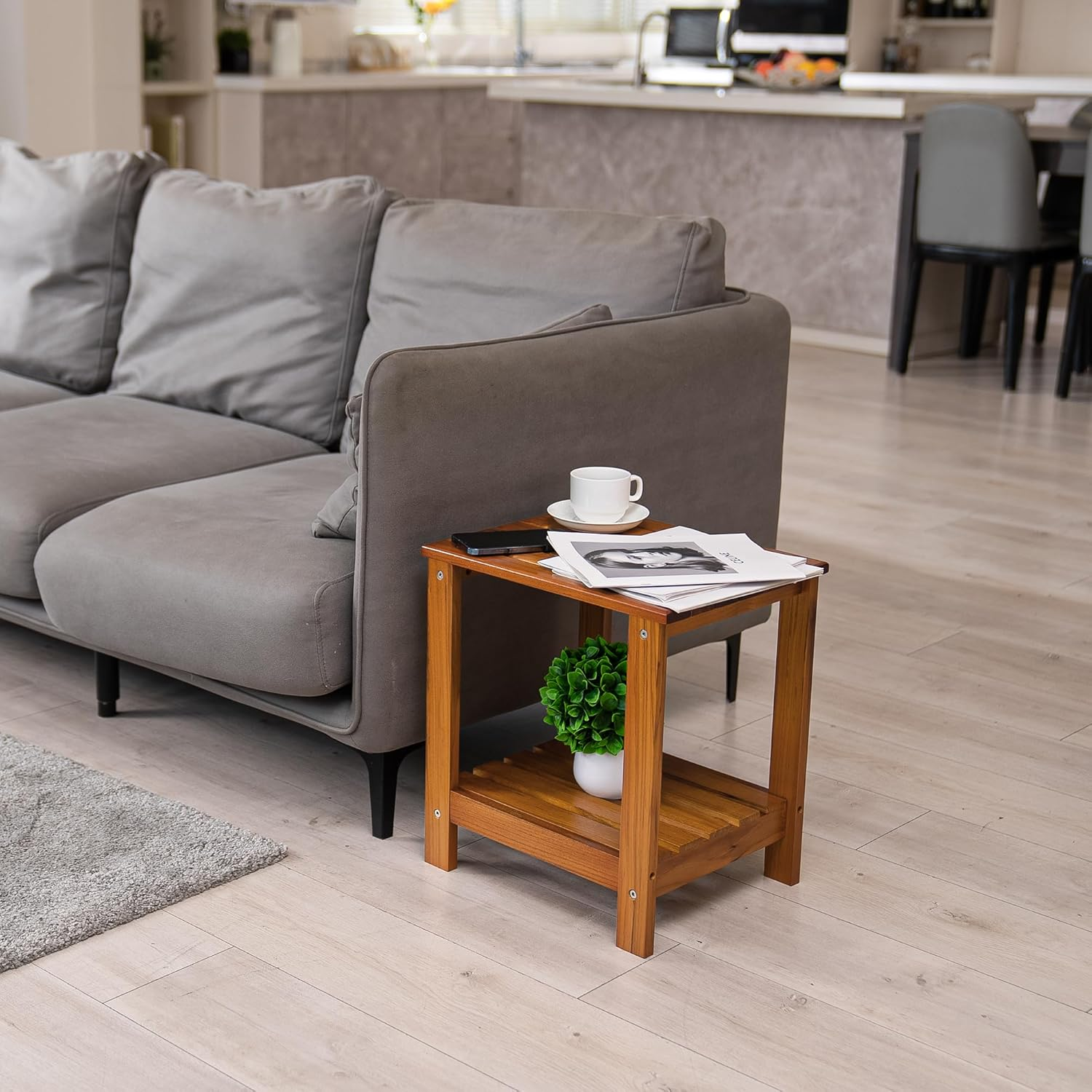 Utoplike Teak Side Table Outdoor, Patio End Table Double Layer, Wooden Coffee Accent Tables for Backyard, Garden, Bed, Living Room, Couch image number 4