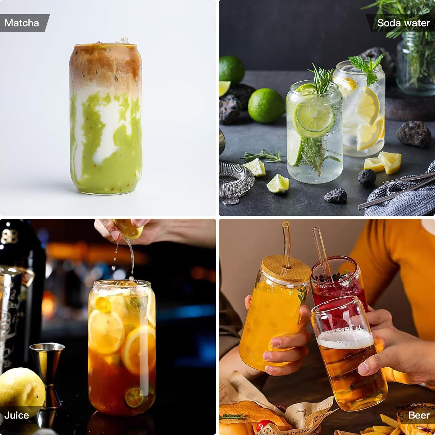 20 Oz Drinking Glasses with Bamboo Lids and Straws 2 Pack, Glass Coffee Cups,Glass Tumbler for Smoothie,Cocktail,Whiskey,Soda,Matcha-2 Glasses Straw 2 Brush image number 3