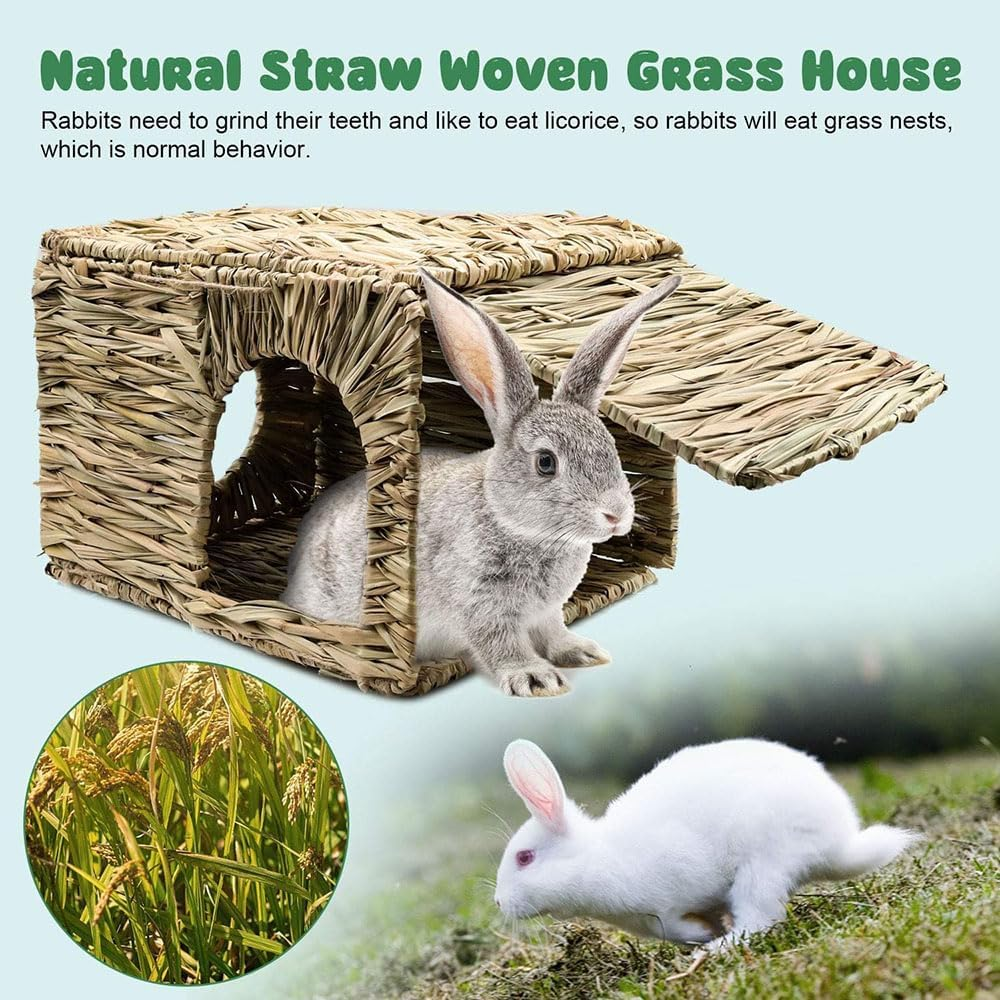 2 Pack Large Grass House and Tunnel for Small Animal, Hand Crafted Natural Grass Hideaway Foldable Bed Hut for Bunny Guinea Pig Chinchilla Ferret for Play and Sleep