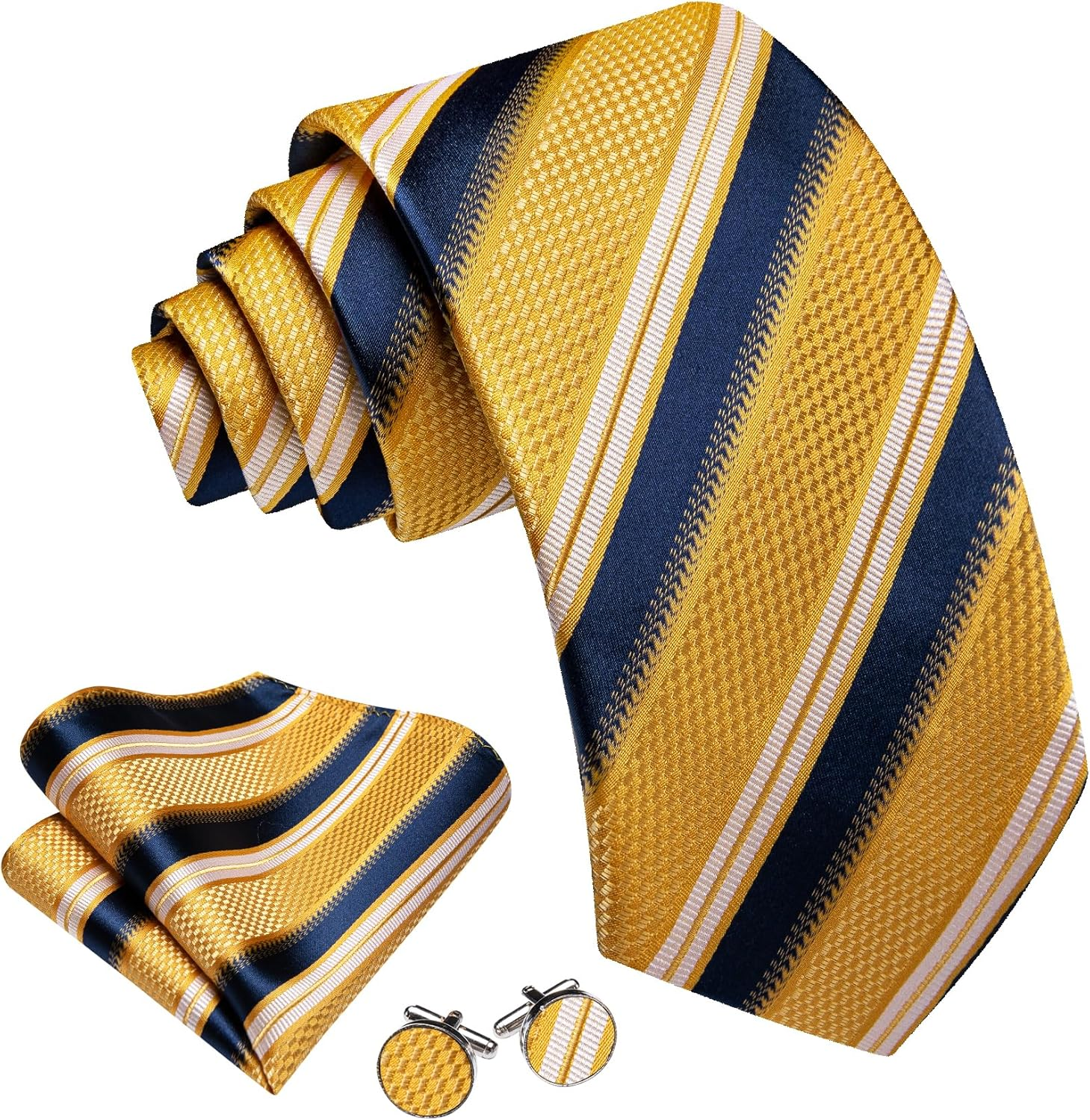 Barry.Wang Striped/Plaid Tie with Tie Clip for Men Silk Necktie Pocket Square Cufflinks Set Formal Business Wedding Party