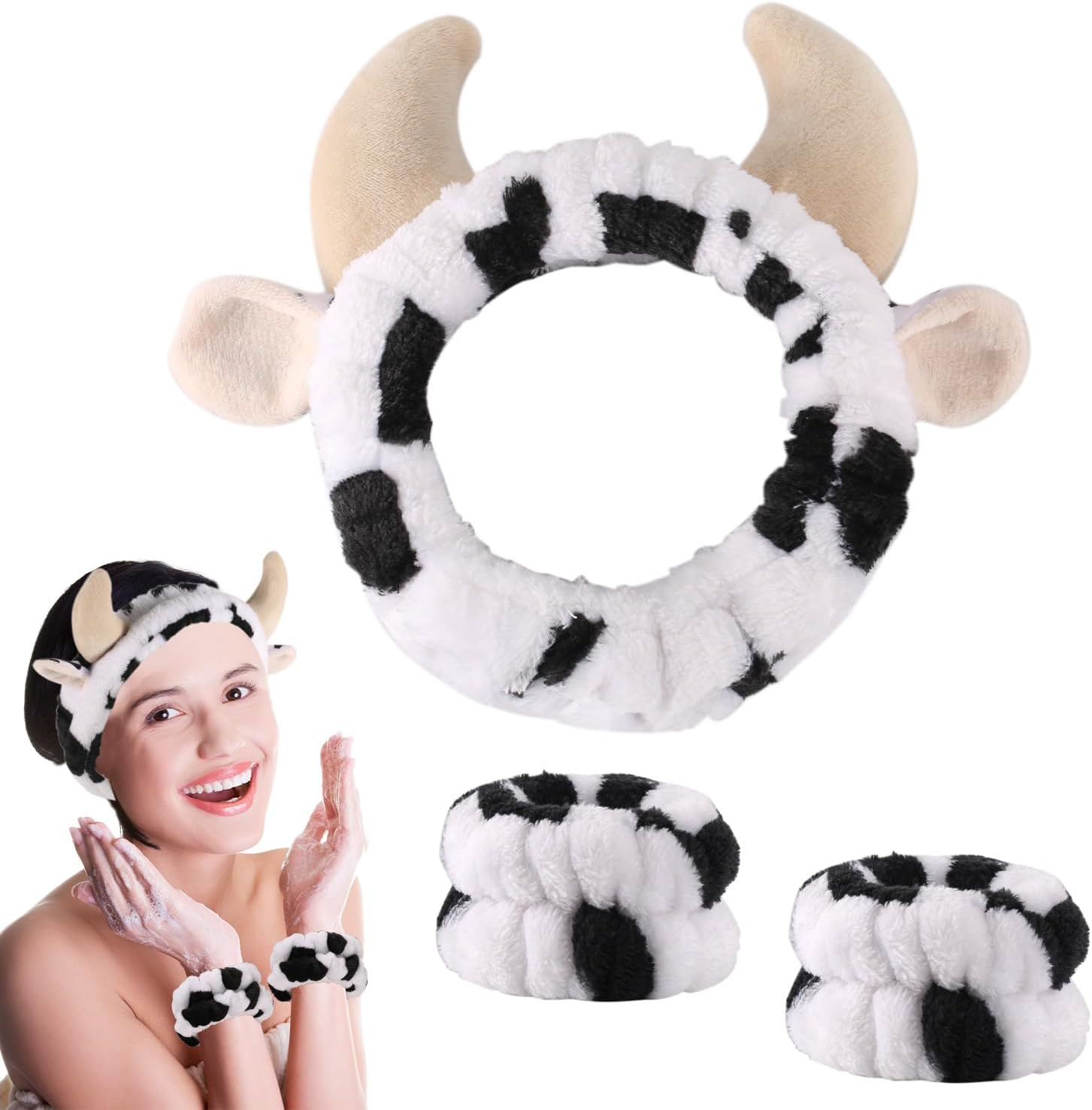 Lasuroa Cow Headband with 2Pcs Cow Print Wristband, Cute Cow Print Face Wash Headband Spa Makeup Hair Bands Facial Skincare Head Wraps for Women Girls Clothing Party Supplies Birthday Gifts