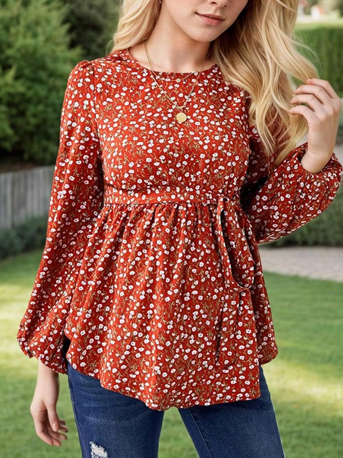 Women'S Maternity Shirt Floral Long Sleeve Belted Pregnancy Peplum Blouse Top image number 3