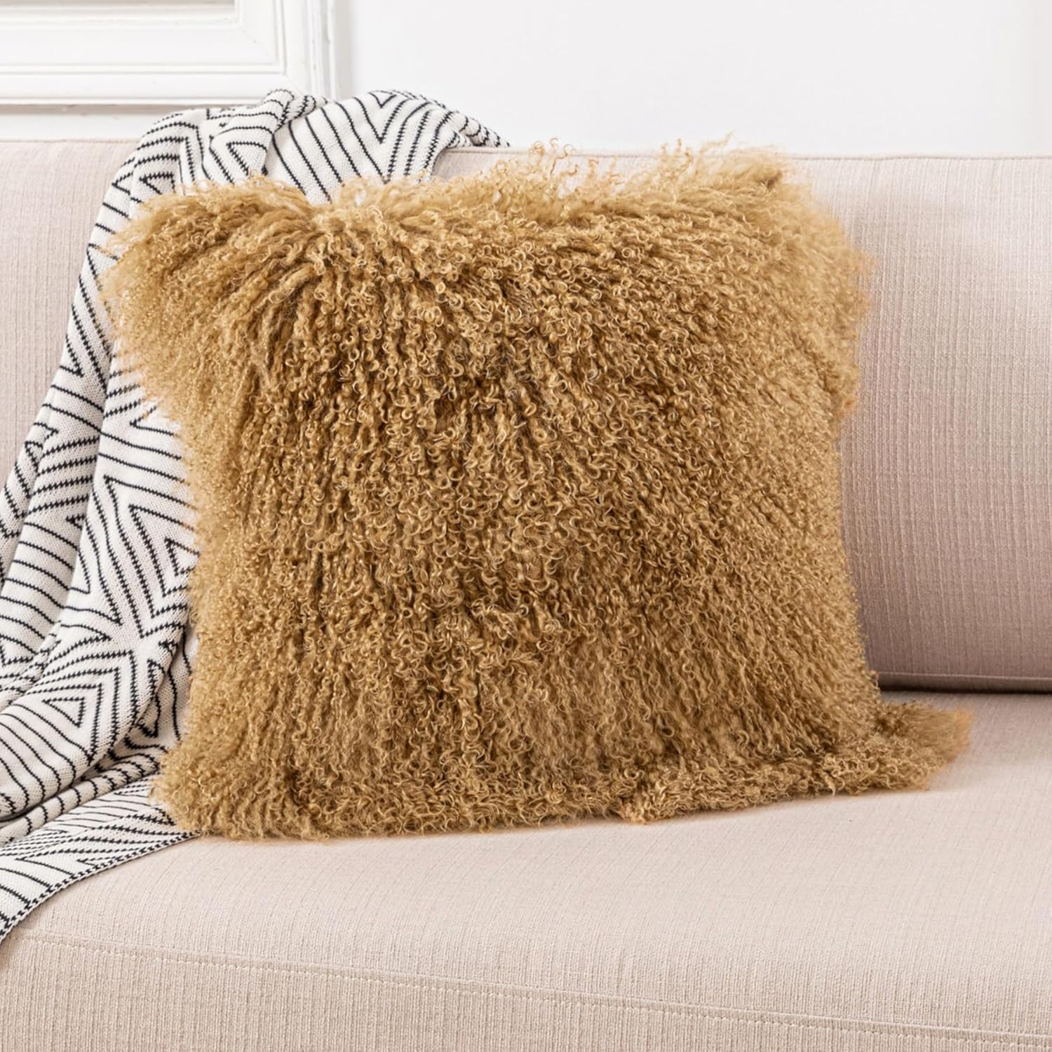 Luxury Mongolian Lamb Fur Pillow Covers Sheepskin Curly Wool Pillowcase Furry Leather Decorative Throw Cushion Cover for Couch and Bed Chair, No Pillow Insert, 18 X 18 Inch, Khaki image number 4