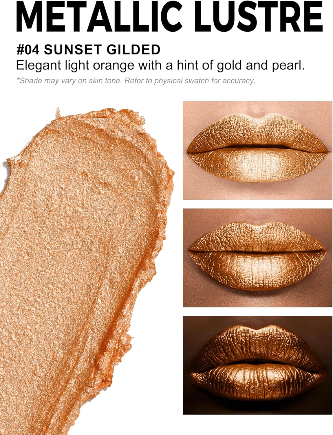 Anglicolor Metallic Gold Lipstick for Subtle 3D Shimmer Effect,Glitter Moisturising Lipstick,Vitamin E & Caster Seed Oil - Light,Soft Creamy Formula,Non-Sticky (04 SUNSET GILDED) image number 2