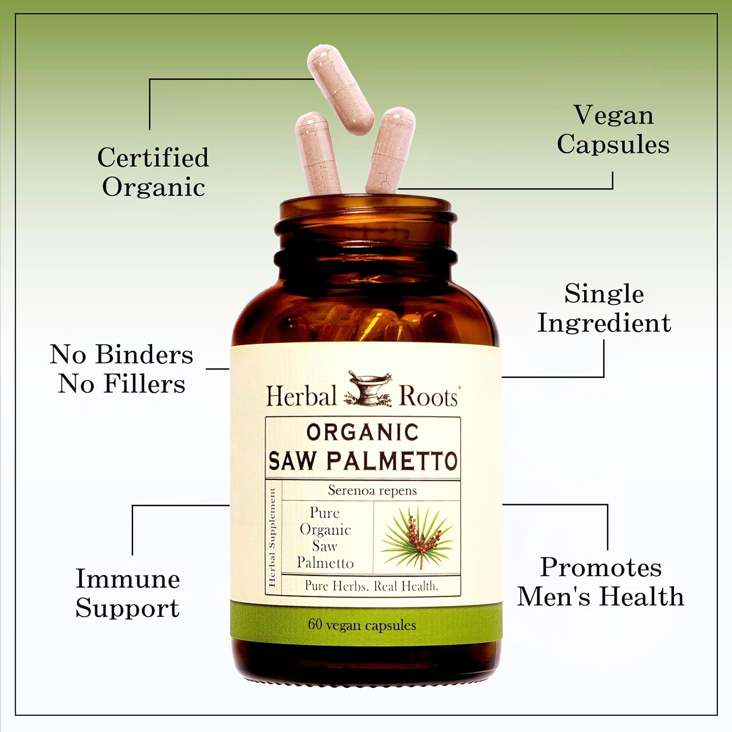 Herbal Roots Organic Saw Palmetto Capsules, 1,000Mg per Serving - Supports Men&rsquo;S Prostate Health - 60 Vegan Capsules - Made in the USA image number 1