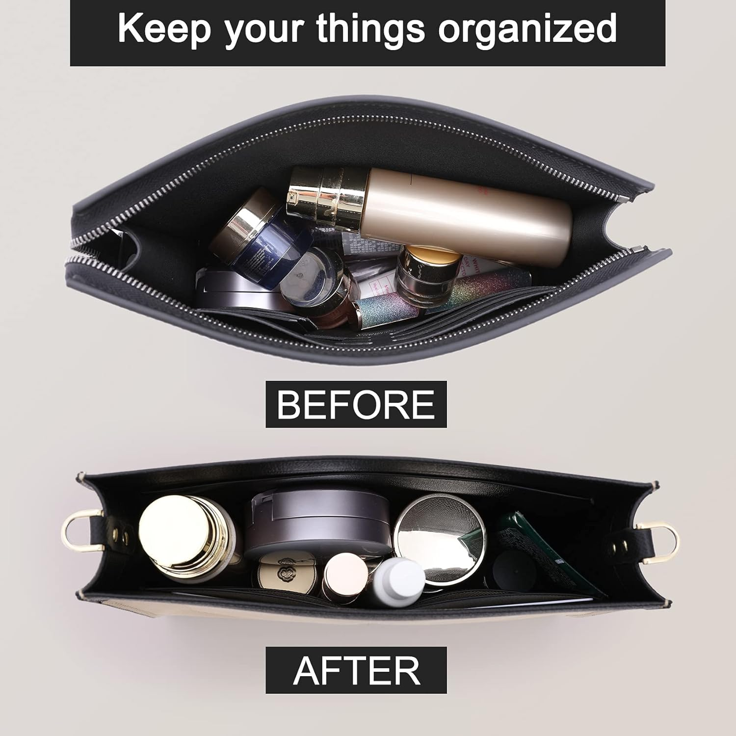 Oaikor Upgraded Purse Insert Organizer Bag Fit Toiletry Pouch 19/26, Black, Large-26, Non-Slip image number 3