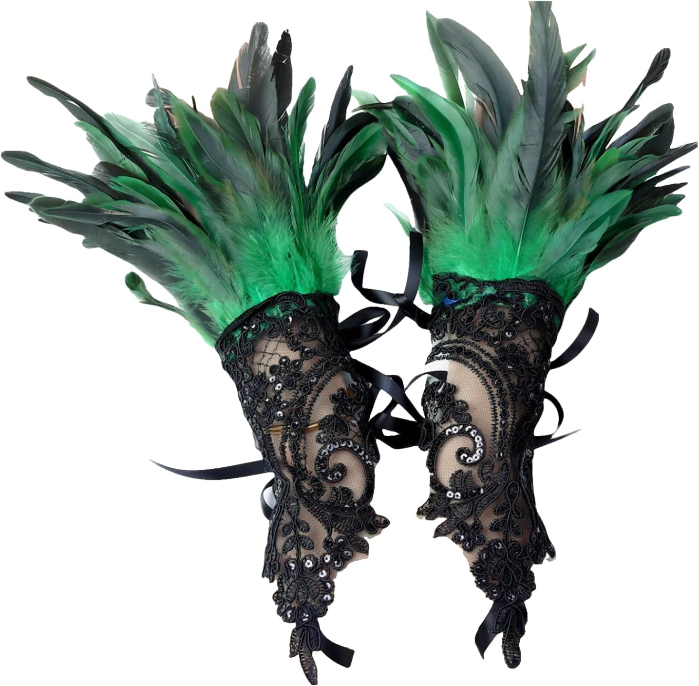 Generic Lace Feather Gloves for Women Witch Angel Costume Accessories Swan Wings Wrist Bands 1920S Sexy Black Gloves