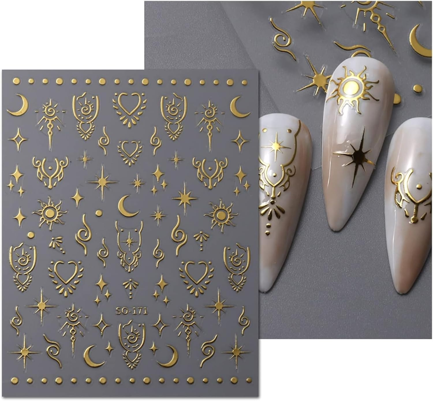 Gold Foil Love Heart Sun Moon 3D Adhesive Stickers, Moon Star Nail Art Stickers, Self-Adhesive Sun Nail Supplies, Nail Design Decoration Accessories (Gold Stamping-5Pcs) image number 6