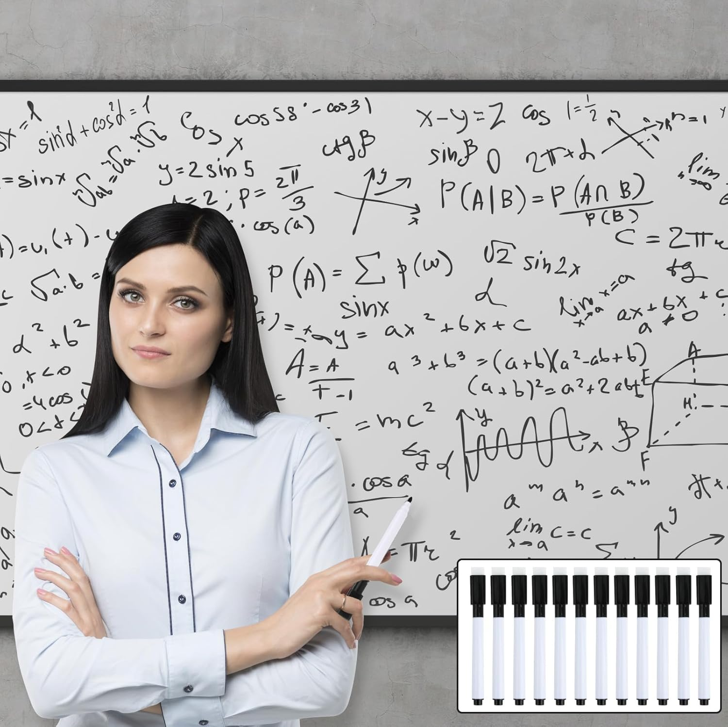 12 Pcs Whiteboard Marker with Eraser, Dry Erasable Markers Fine Point Tip Black with Eraser Cap, White Board Pens for School Office Home Teacher Student Supplies