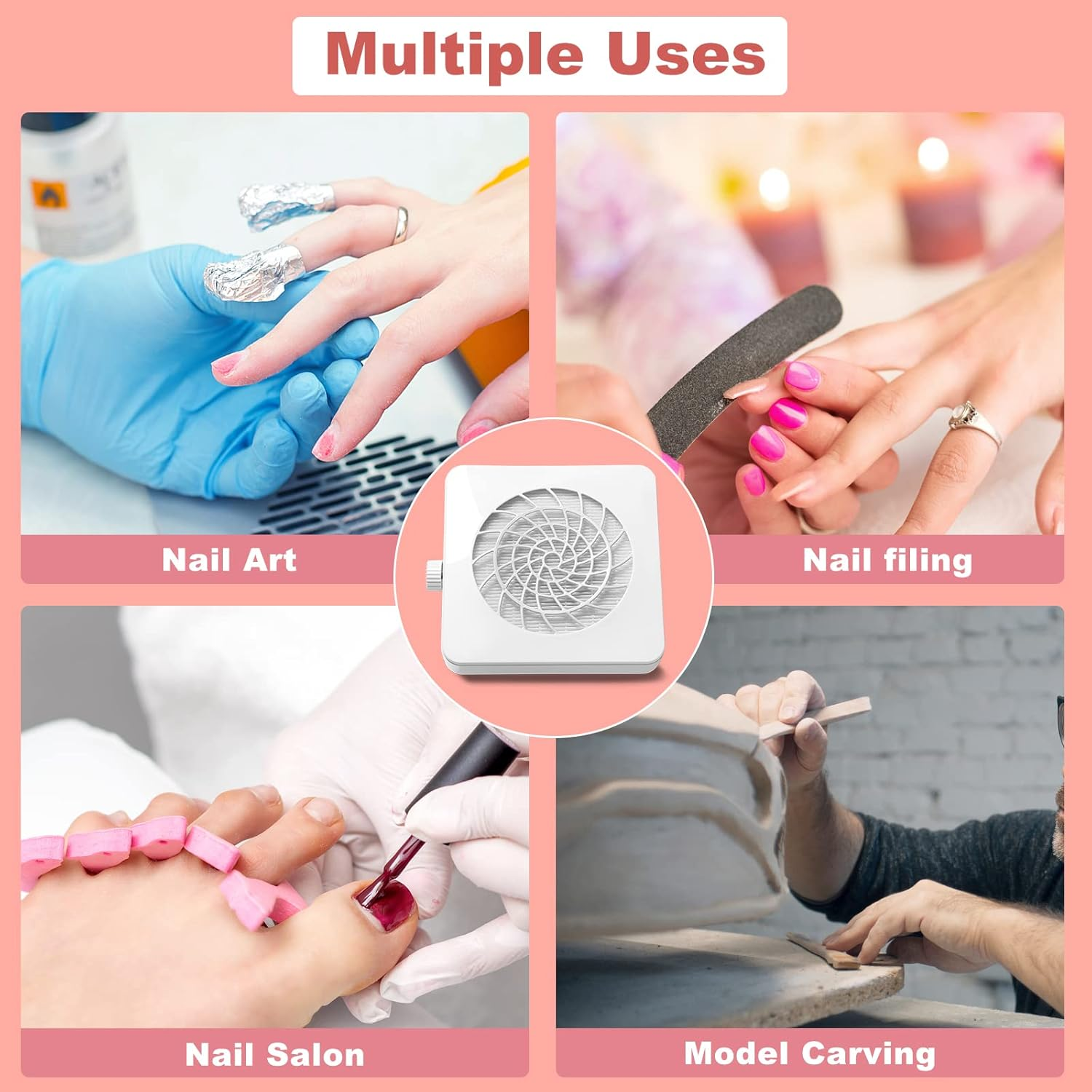 Nail Dust Collector with Reusable Filter, Nail Extractor Vacuum Acrylic Nail Dust Cleaner with Powerful Nail Vacuum Fan,Perfect for Home and Salon, Low Noise (White) image number 4