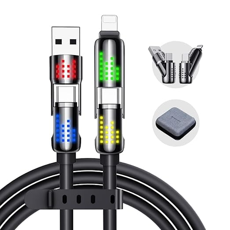 MAGIC JOHN 240W 4 in 1 USB C Cable, USB Charging Cable with Breathing Light, Fast Charging & Data Sync Silicone Multi Charging Cable for Iphone Ipad Samsung Laptop Multi Device Charging, 1.2M (Gray)