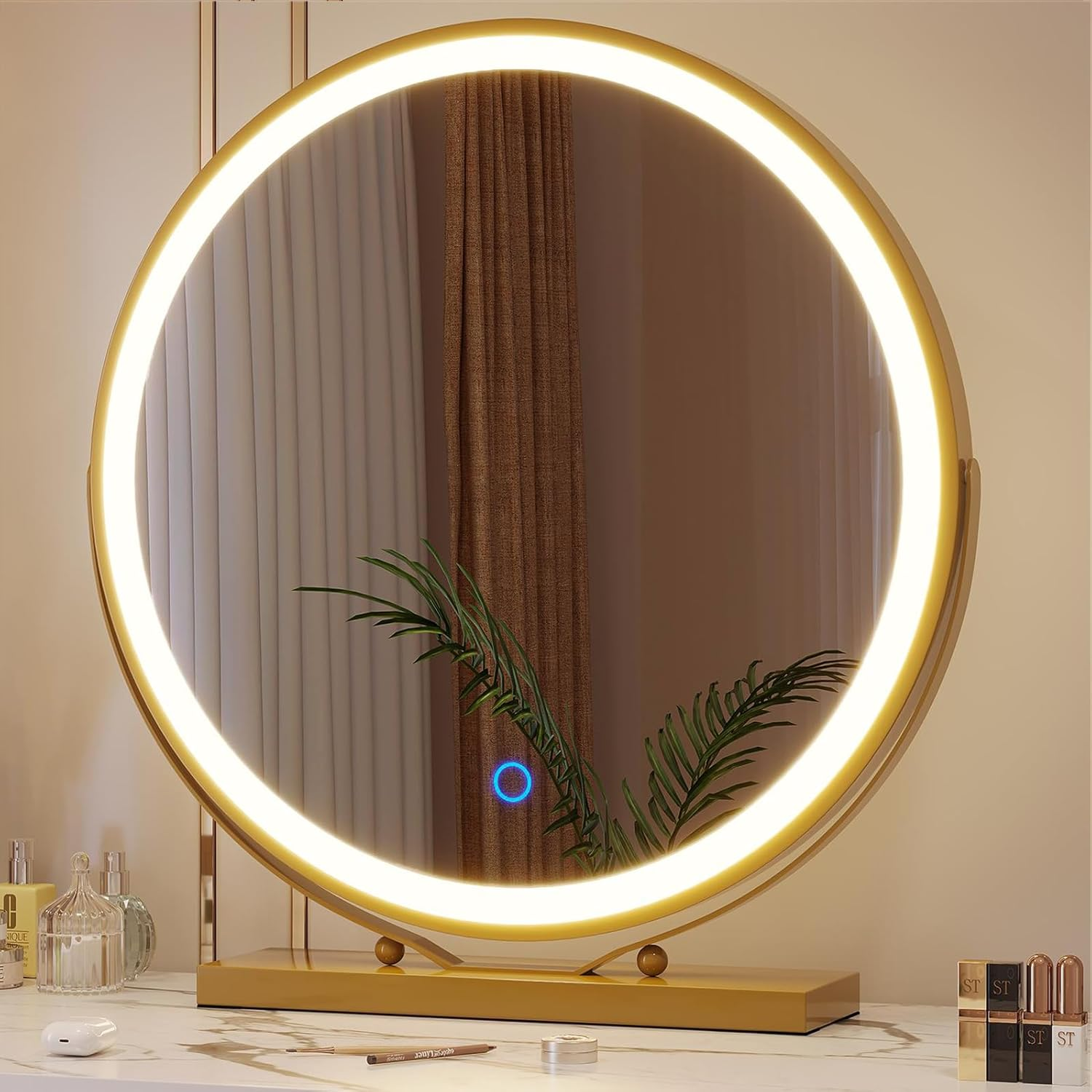 ZKIODV round Vanity Makeup Mirror with Light, 48 X 52 CM LED Lighted Mirror with Dimmable 3 Color Lights, Large Circle Desk Mirror, 360&deg; Light up Mirror for Dresser, Tabletop, Bedroom, White