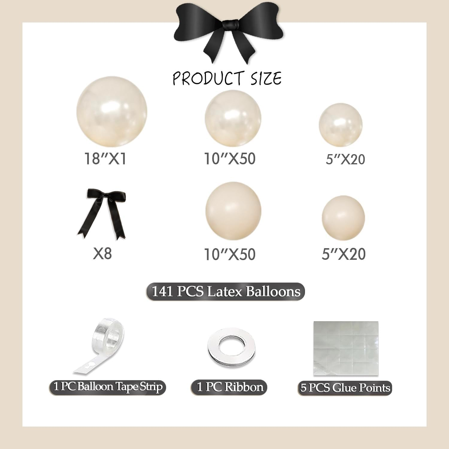 141 Sexy Birthday Decorations, Beige Balloon Arch Set, Pearly White Balloons and Black Bow Wedding Baby Shower Gender Reveal Black Bow Birthday Decorations (Beige) - Black + Beige image number 2