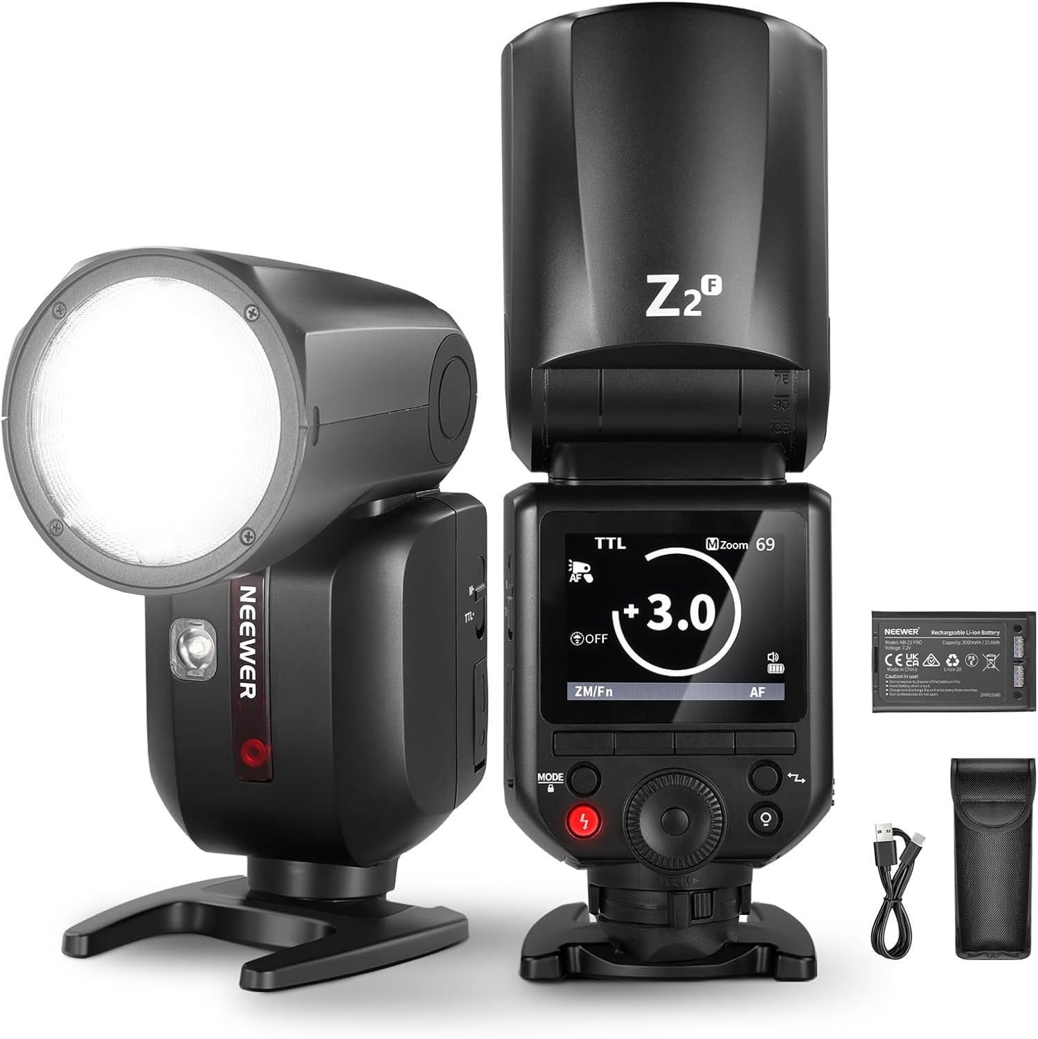 NEEWER Z2-F 2.4G TTL round Head Camera Flash Speedlite Compatible with Fujifilm， 76Ws 1/8000S HSS Flash Upgraded UI， 2 Modeling Lamps TTL/M Quick TCM Switch 7.2V/3000Mah Battery 600 Full Power Flash image number 6
