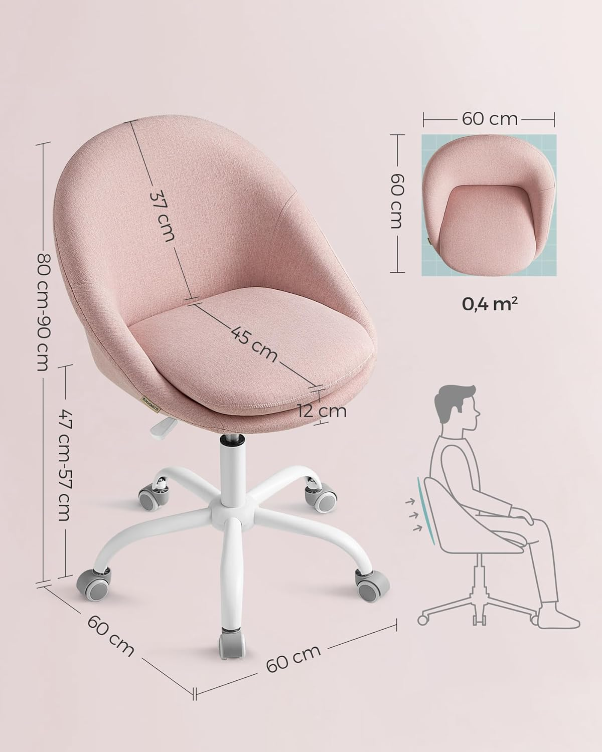 SONGMICS Homeoffice Swivel Chair Office Chair Foam Cover Height Adjustable for Study Bedroom OBG020P01 Pink image number 5