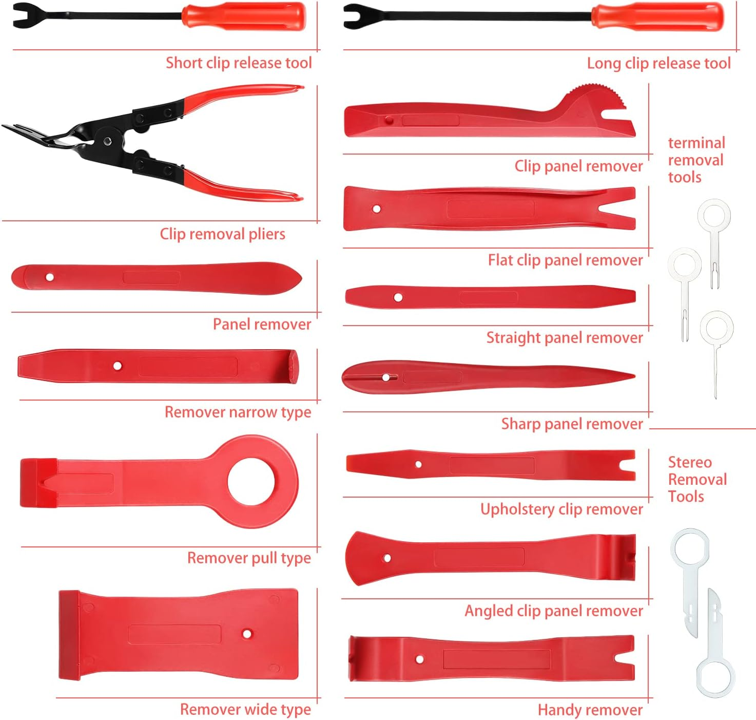 &lrm;DNA MOTORING TOOLS-00246 Car Trim Removal Tool Kit, Clip Plier Upholstery Remover Set for Auto Door Panel Audio Dashboard, with Storage Bag, Red - Red image number 2