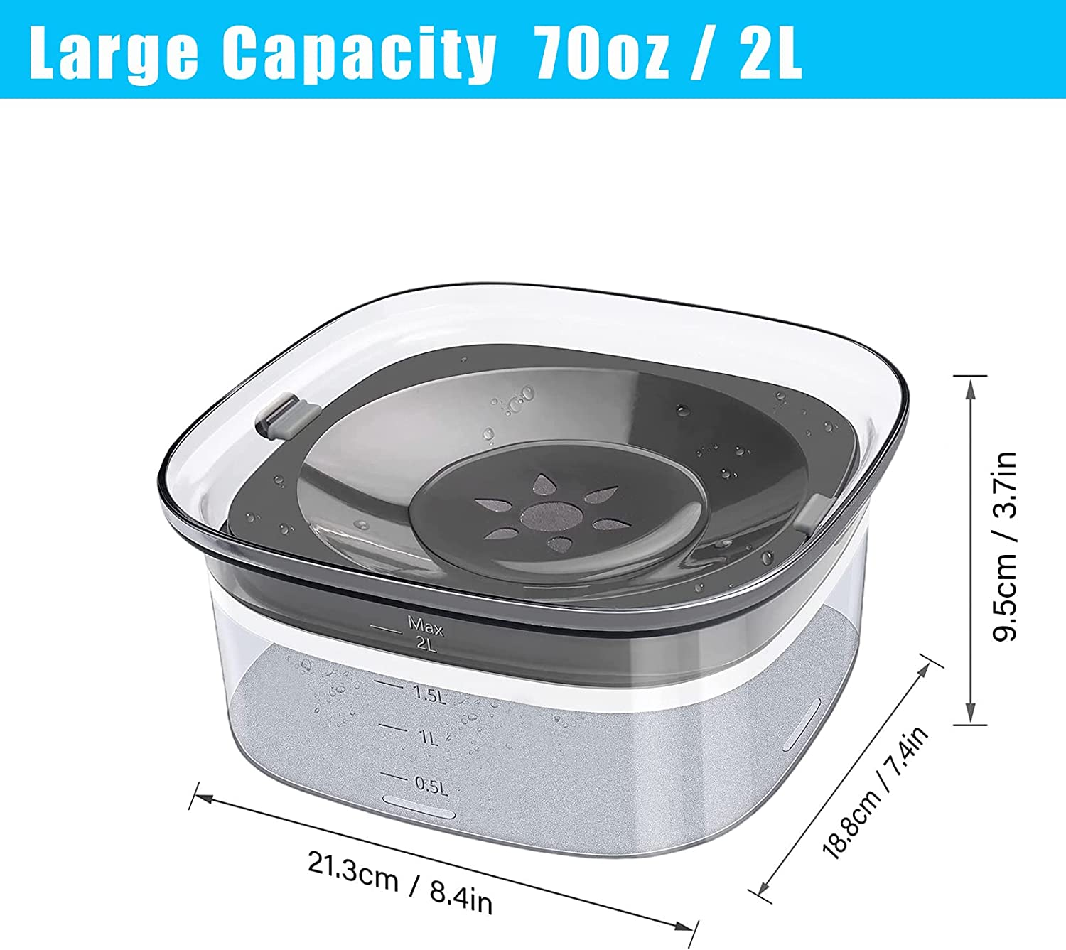 70Oz Dog Water Bowl 2L No Spill Large Capacity Slow Water Feeder, Spill Proof Transparent Pet Dispenser Vehicle Carried Travel Slow Drinking Bowl for Dogs,Cats image number 4