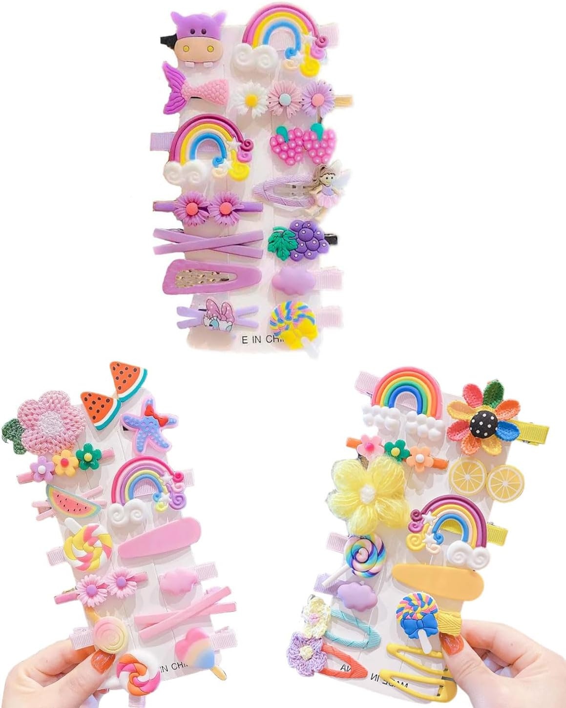 BPTRKOM 42 Pieces Hair Pins - Girls Baby Girl Rainbow Clips Hair Pins Hair Pin Accessories with Multicoloured Flower and Fruit Motifs for Girls Children as Birthday Gift (Pink+Yellow+Purple)