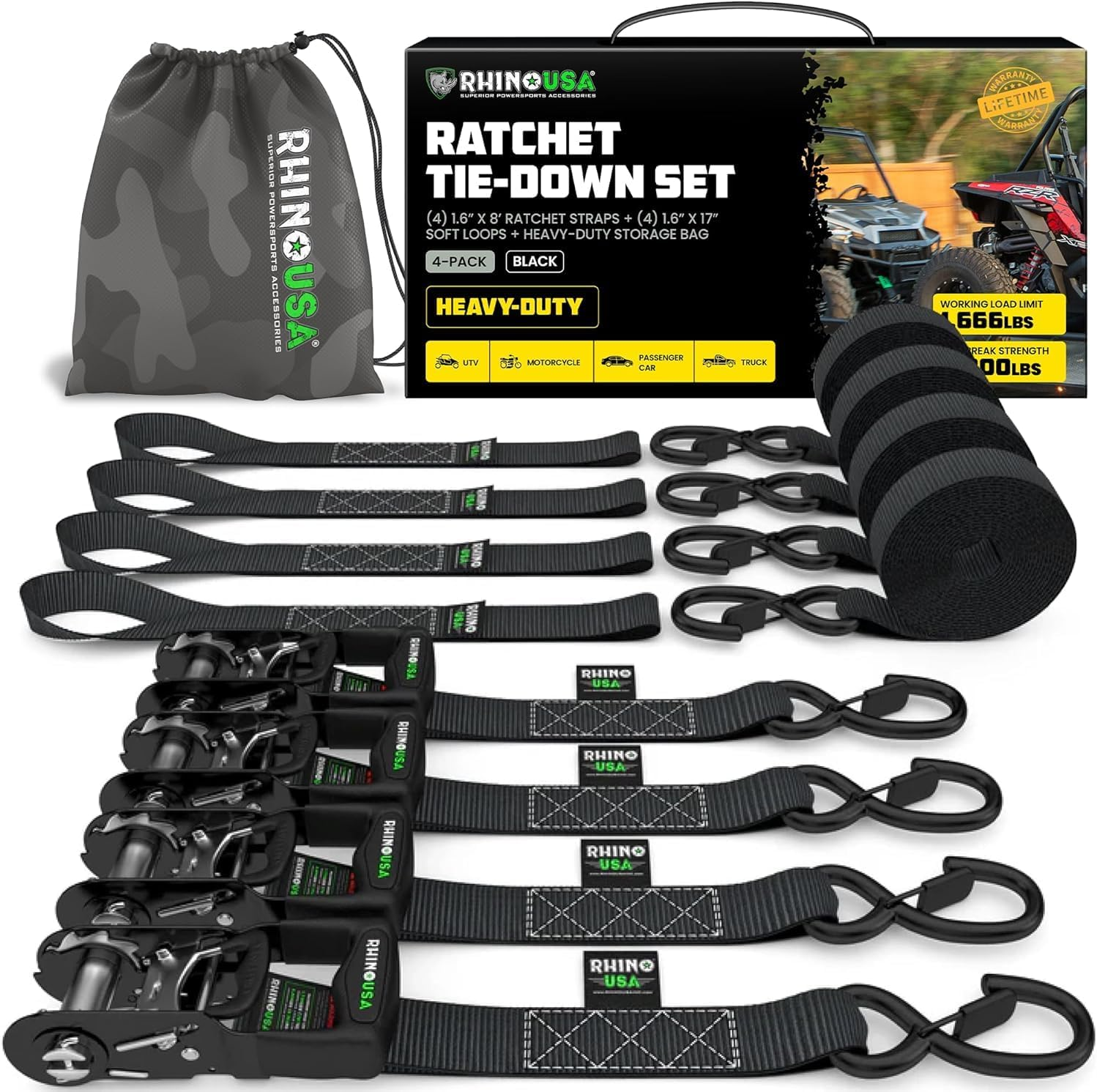 Rhino USA Ratchet Straps Heavy Duty Kit (4-Pack) - 1.6 Inch X 8 Feet (5,208Lb Break Strength) - Ultimate Tie down Straps with Safety S Hooks for Trucks, ATV, UTV, Motorcycle, Cargo & More - Black