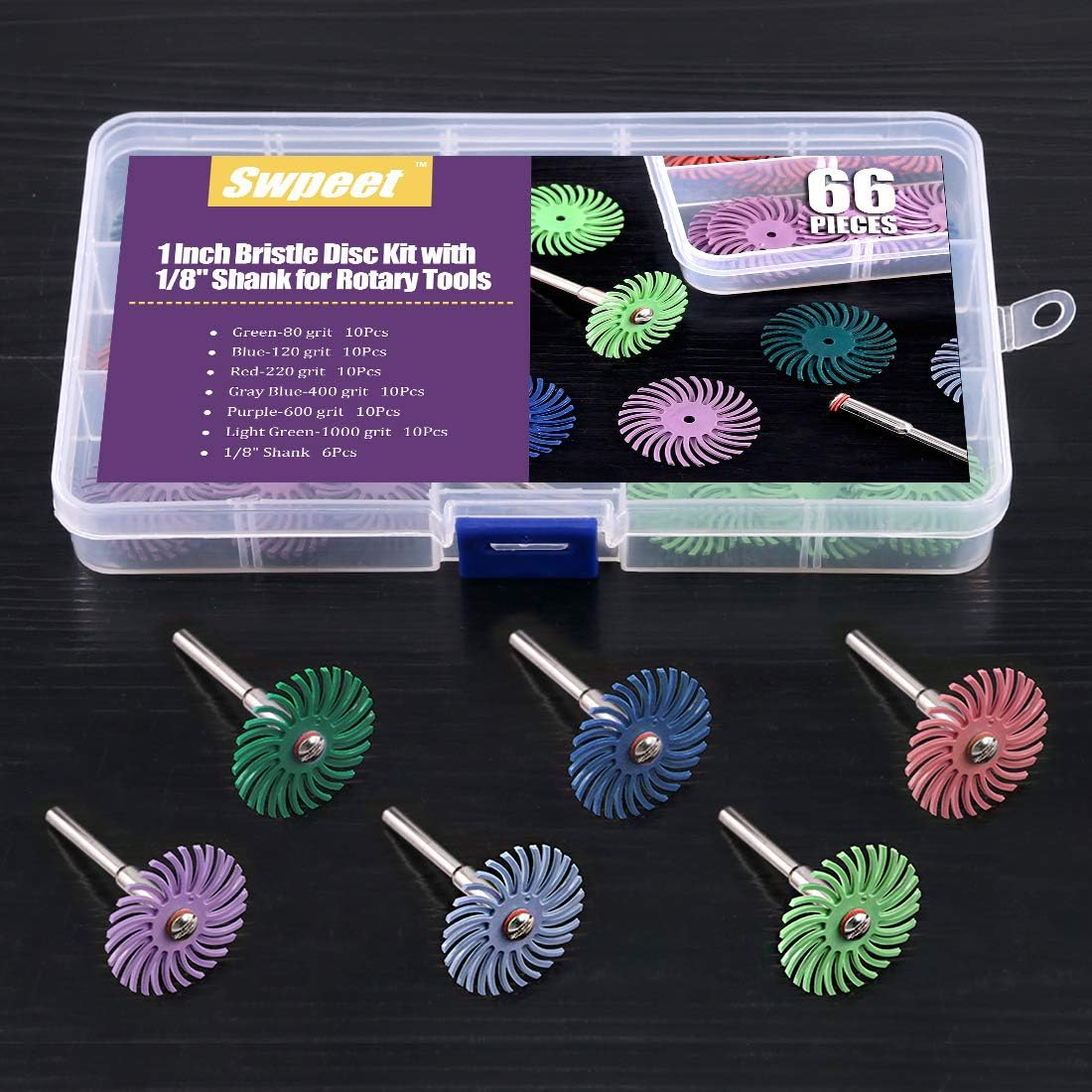 Swpeet 66Pcs 2.5Cm 6 Mixed Grit 80/120/220/400/600/1000 Radial Bristle Disc Abrasive Brush Gap Polishing Pad Buffing Wheel Assortment Kit with 0.3Cm Shank for Rotary Tools Cleaning Finishing Deburring