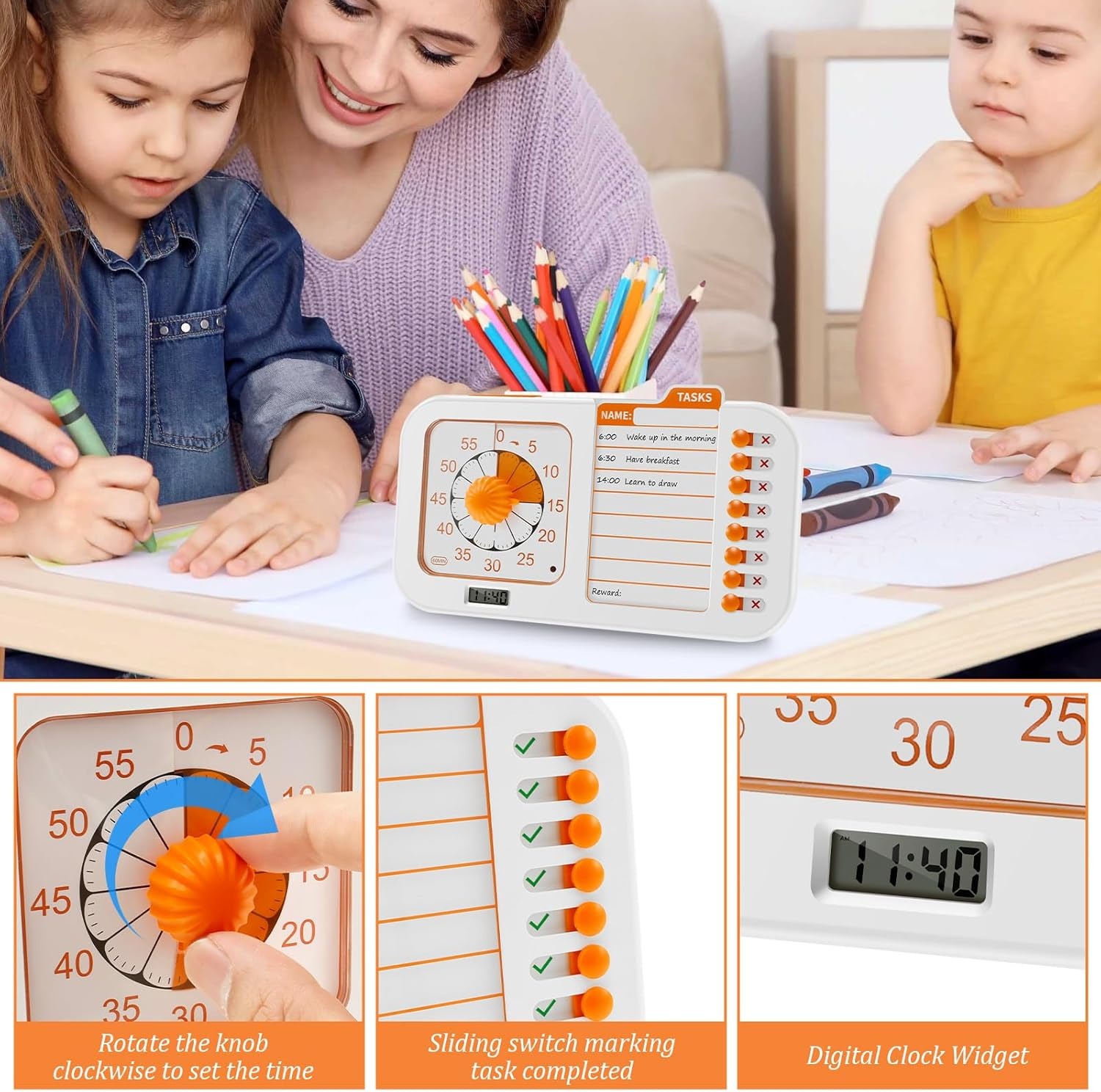 3 in 1 Visual ADHD Timer for Kids & Adults with Planning Board, Task Timer, Chore Chart & Erasable Pen, Visual Schedule Planner for Classroom, Homeschool Supplies, Home, School