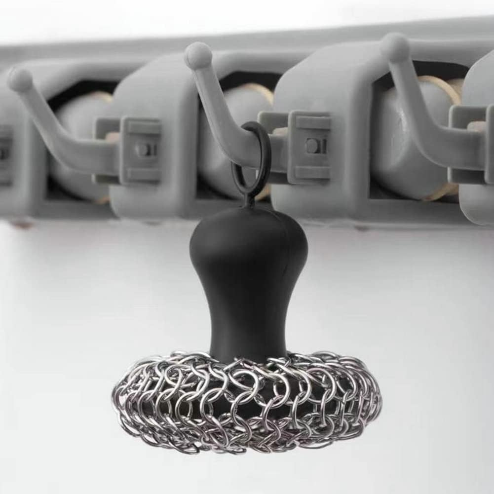 Cast Iron Cleaner Upgraded Handle Cast Iron Scrubber Brush Stainless Steel 316 Chain Mail Scrubber