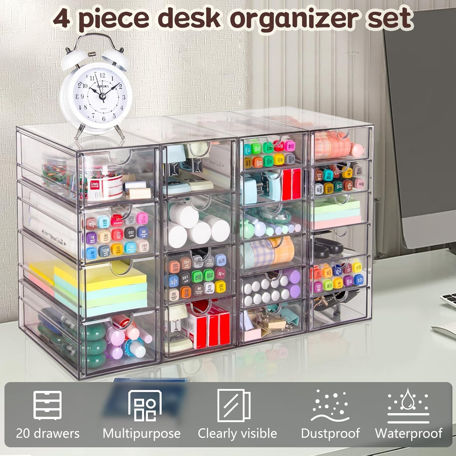 YH-MONICAQUE Desktop Drawer Organizer | 20 Drawers 4 Sets | Acrylic Makeup Organizer and Storage, Clear-Small Desk Storage Drawers, for Office Supply Storage/Hair Accessories/Craft Organization image number 3