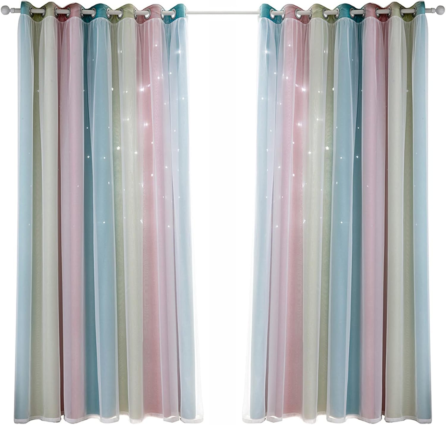 Blackout Curtains for Bedroom, 2PCS Star Curtains Blackout High Precision Curtains for Kids Girls Bedroom Living Room Colorful Double Layer Star Window Curtains Pink134Cm X 160Cm
