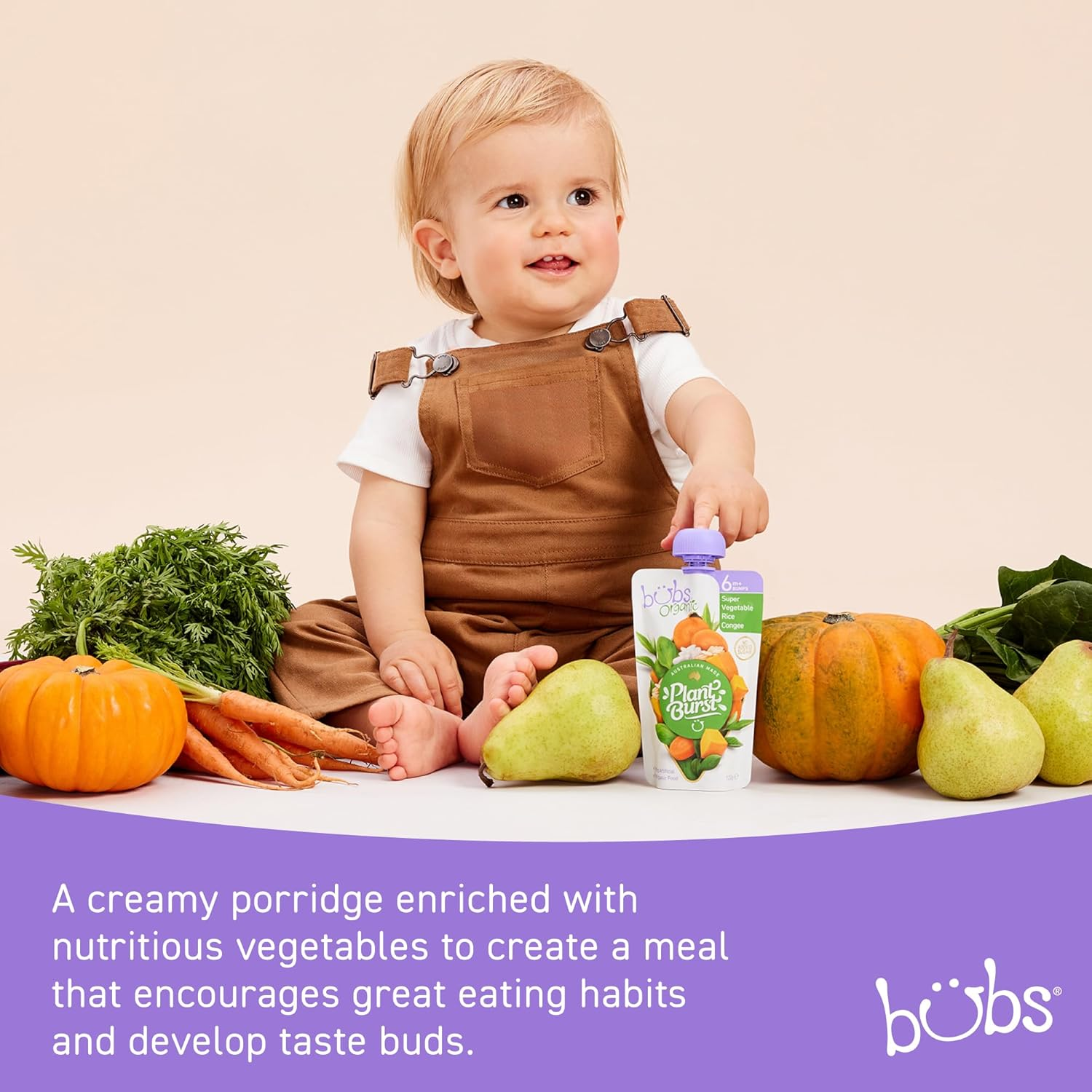 Bubs Organic Super Vegetable Rice Congee Pouch, 6+ Months Baby Food, Veggie Puree Snack, No Added Sugar, 120G (Pack of 3) image number 6