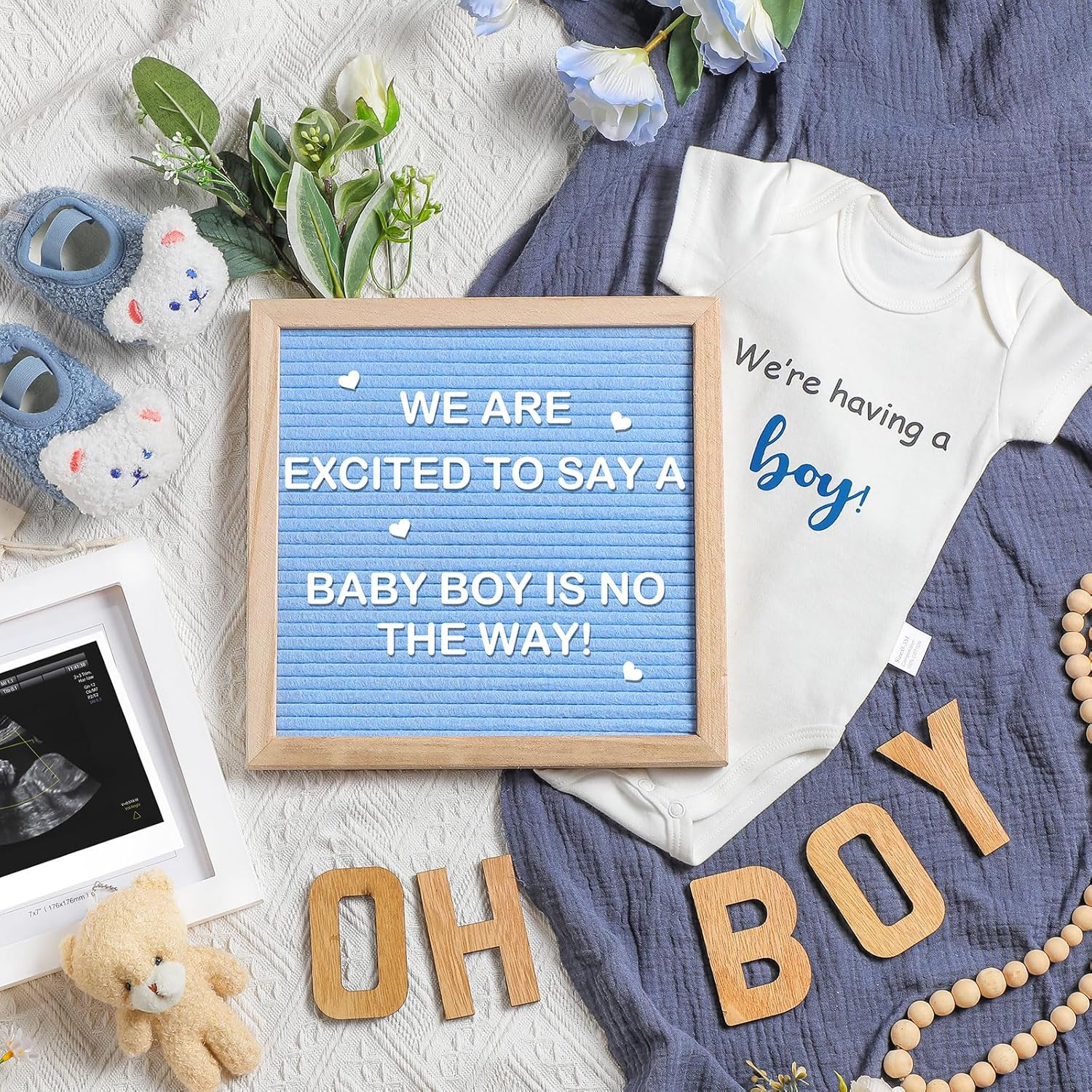 9 Pcs Pregnancy Announcement Set Pregnancy Reveal Ideas Felt Letter Board Baby Bodysuit Baby Booties Photo Frame Bear Plush Baby Wood Blocks for Coming Soon Baby Announcement (White,Bright)
