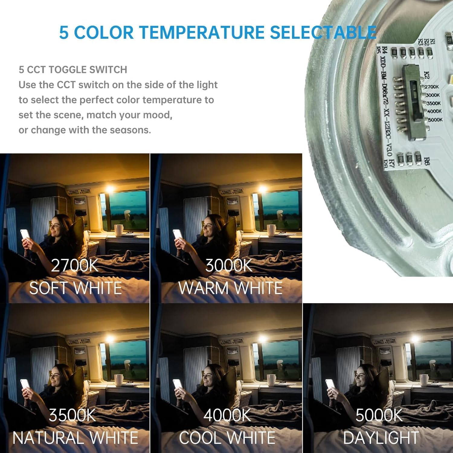 5CCT LED RV Dome Ceiling Lights, On/Off Switch, DC 12V Surface Mount Interior Puck Light for Slim Motorhome, Trailer, Boat, Camper Lighting, 5W, 2700K/3000K/3500K/4000K/5000K, 4.5 Inch, 6 Pack