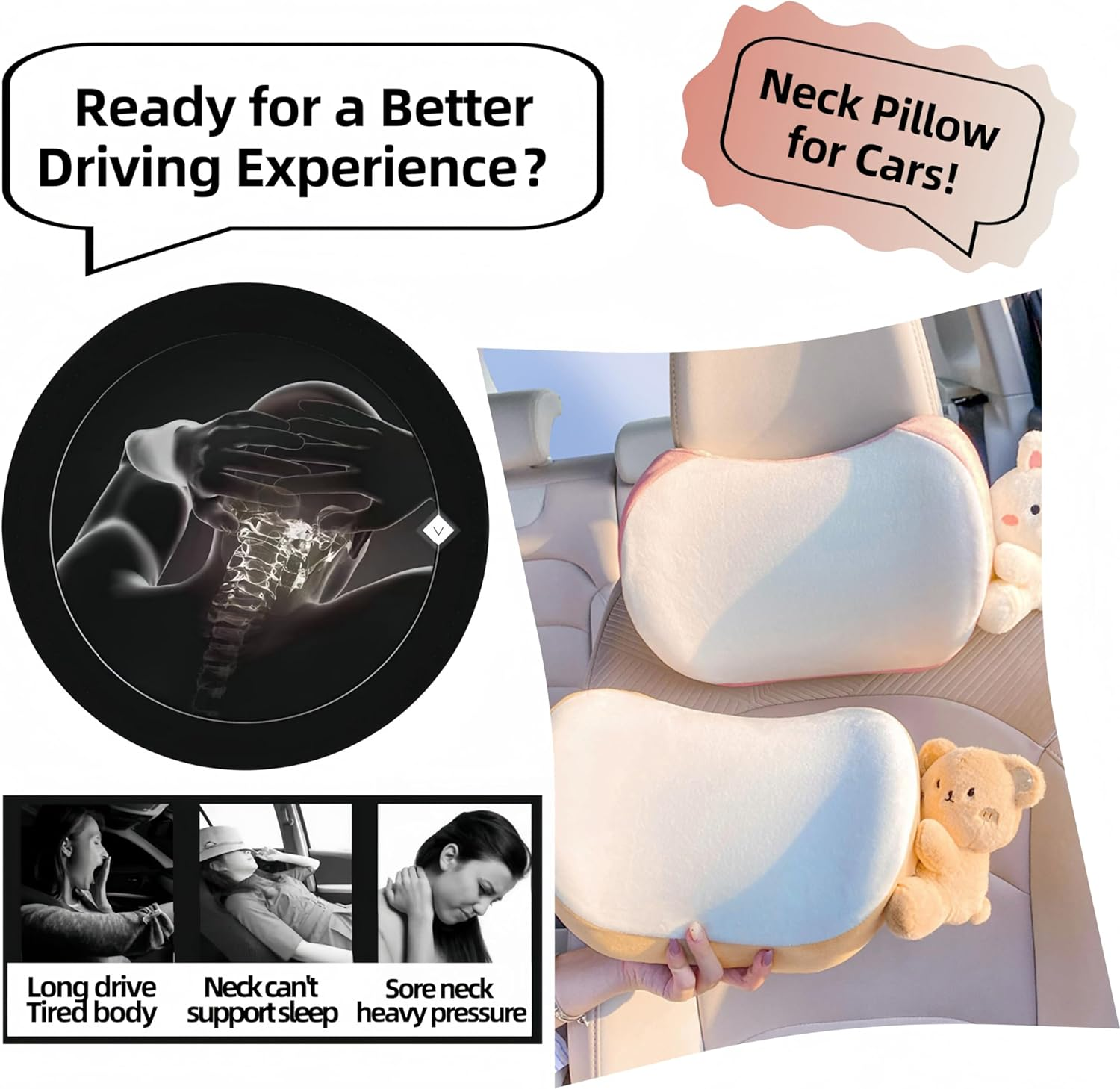 Car Headrest Pillow 2PCS Plush Bear ＆ Bunny Car Seat Headrest Pillow - Memory Foam Neck Support Cushions for Comfortable Driving, Easy Install & Washable (Pink) - Black Panda image number 2