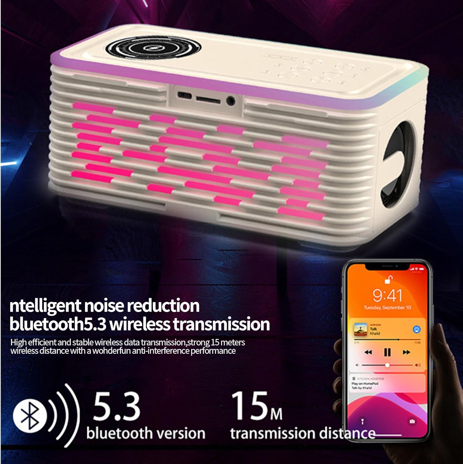Wireless Charging Bluetooth Speaker, Stereo Surround Sound, 12 Hours of Playback, 24 Sleep Sound Effects, 5 Mood Lights, Support AUX, TF Card Input, Suitable for Boys, Girls, Family Holiday Gifts image number 2