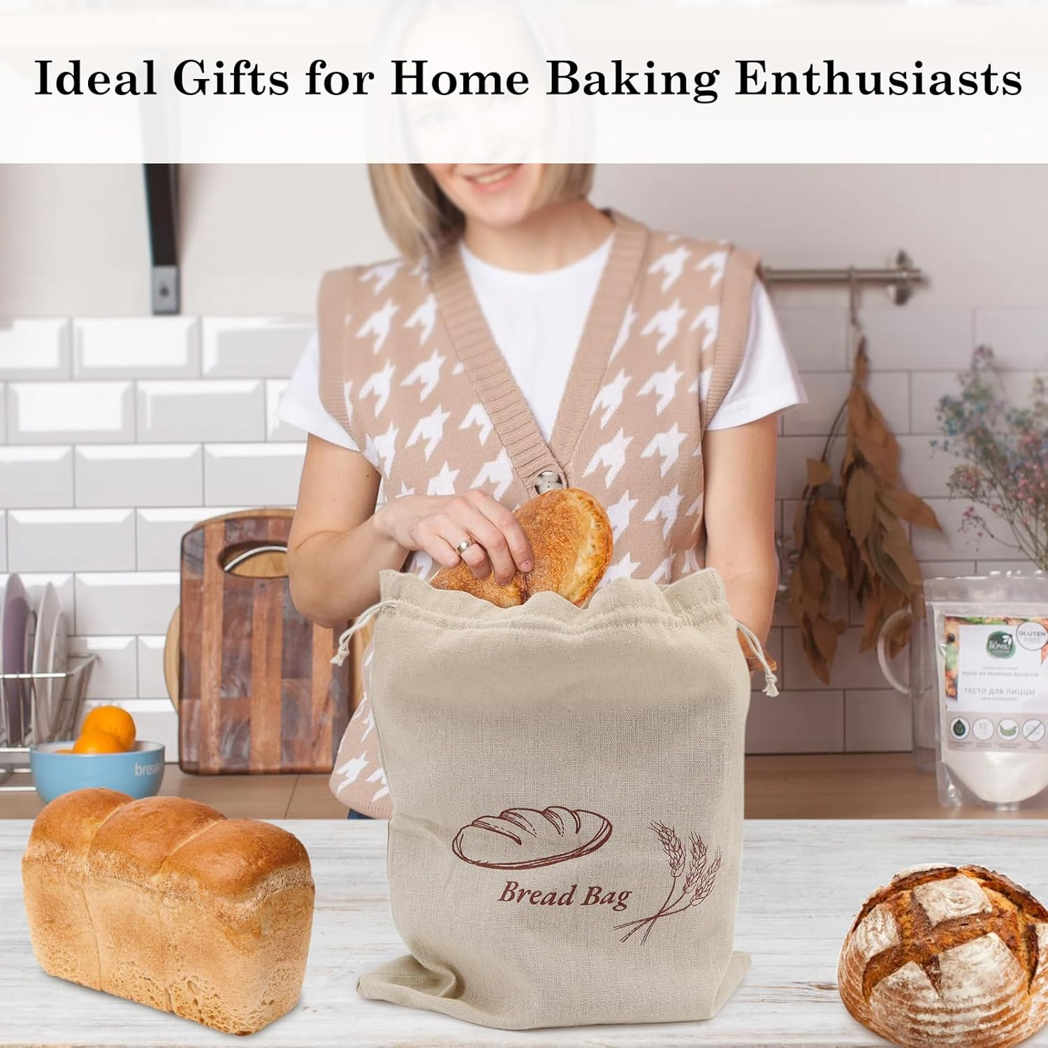 QUYANGCHIFENG 2Pcs Linen Bread Bags for Homemade Bread - Reusable Sourdough Bread Storage with Plastic Inner Lining, Durable Bread Keeper for Fresh Bread, Gifts for Home Bakers - 12"X15" image number 2