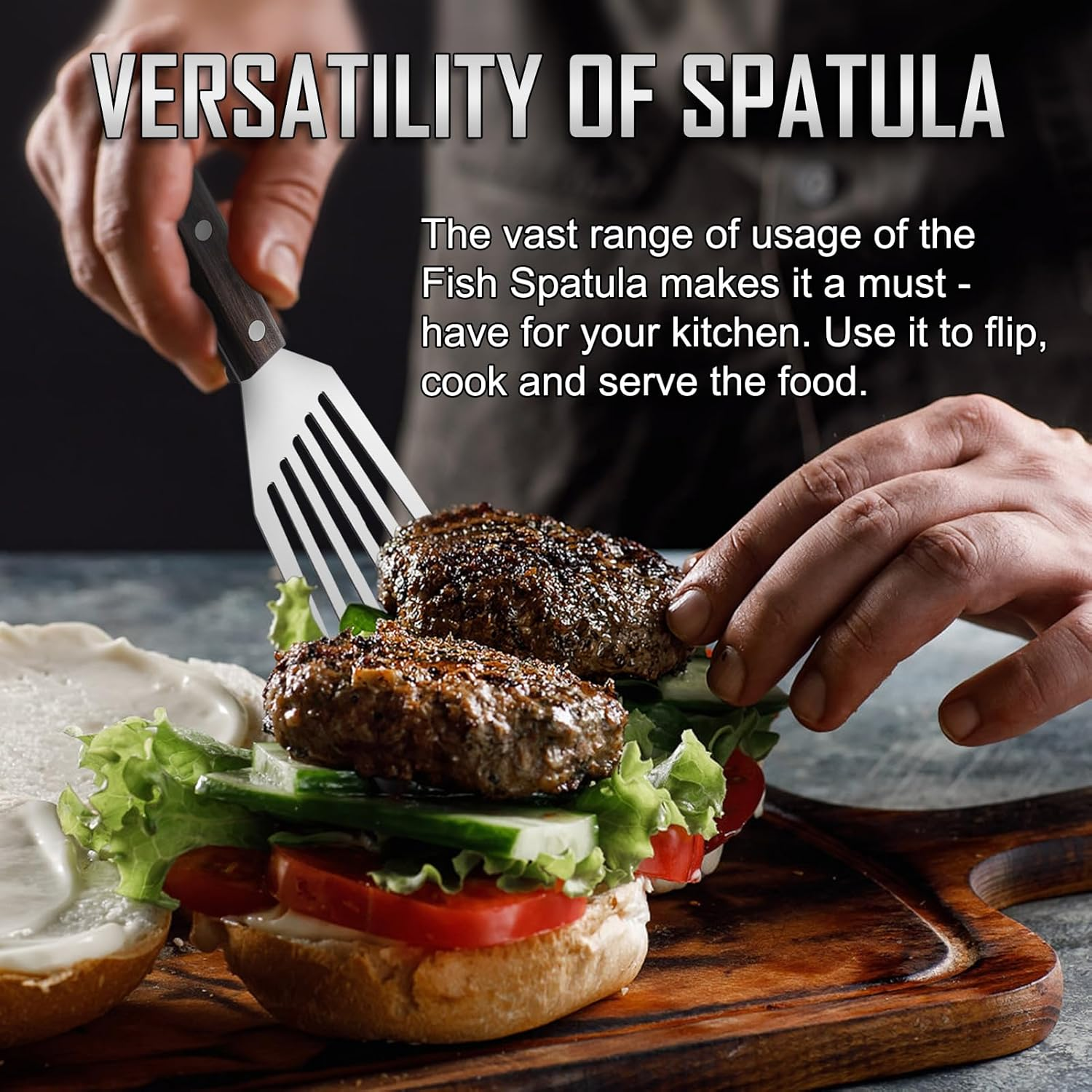 2 Pack Fish Spatula Stainless Steel, Flexible Fish Turner Spatula Perfect for Flipping Eggs, Burgers and Baking, Durable Lightweight Metal Kitchen Slotted Turner for Cooking & BBQ [Wooden Handle]