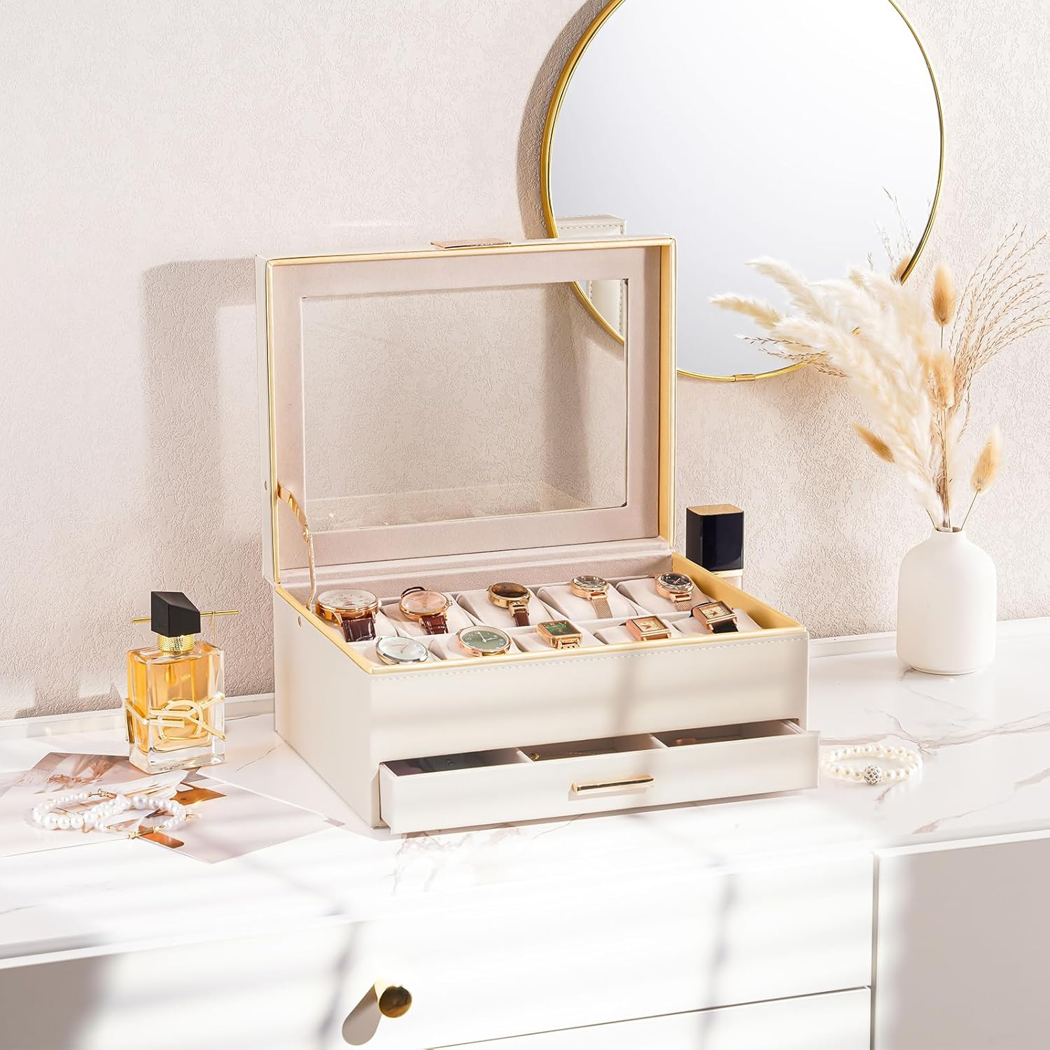 Procase Watch Case for Women, 10 Slot Watch Display Case with Drawer, 2-Layer Womens Watch Box, 10 Watch Box Organizer, Jewelry and Watch Holder Storage Case with Glass Lid -Beige image number 5