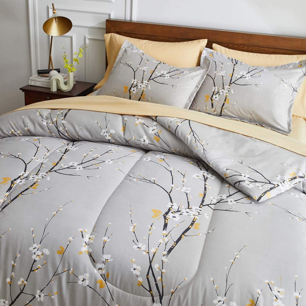 Gray Comforter Sheet Set Bed in a Bag 7 Pieces Queen Size Tree Branch Bloom Flower Spring Summer Bedding Set (1 Comforter 2 Pillow Shams 1 Tan Flat Sheet 1 Fitted Sheet 2 Pillowcases)