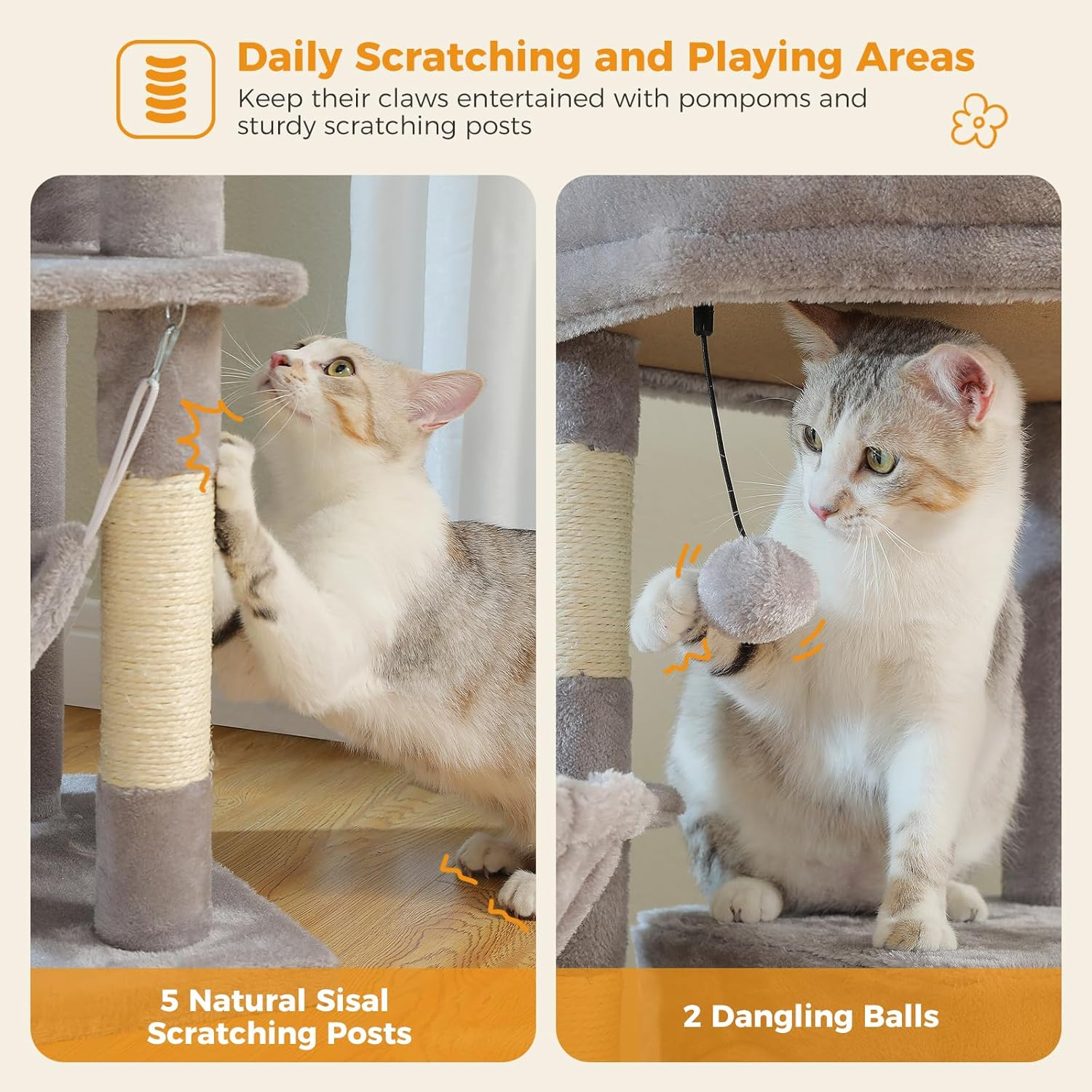 PAWZ Road Cat Tree, 181Cm Cat Tower for Indoor Large Cats, Cat Furniture with 2 Spacious Cat Condo, Large Top Perch,2 Hammock(Dia=35Cm), 2 round Perches,Sisal Covered Scratching Post.Grey - Pink image number 5