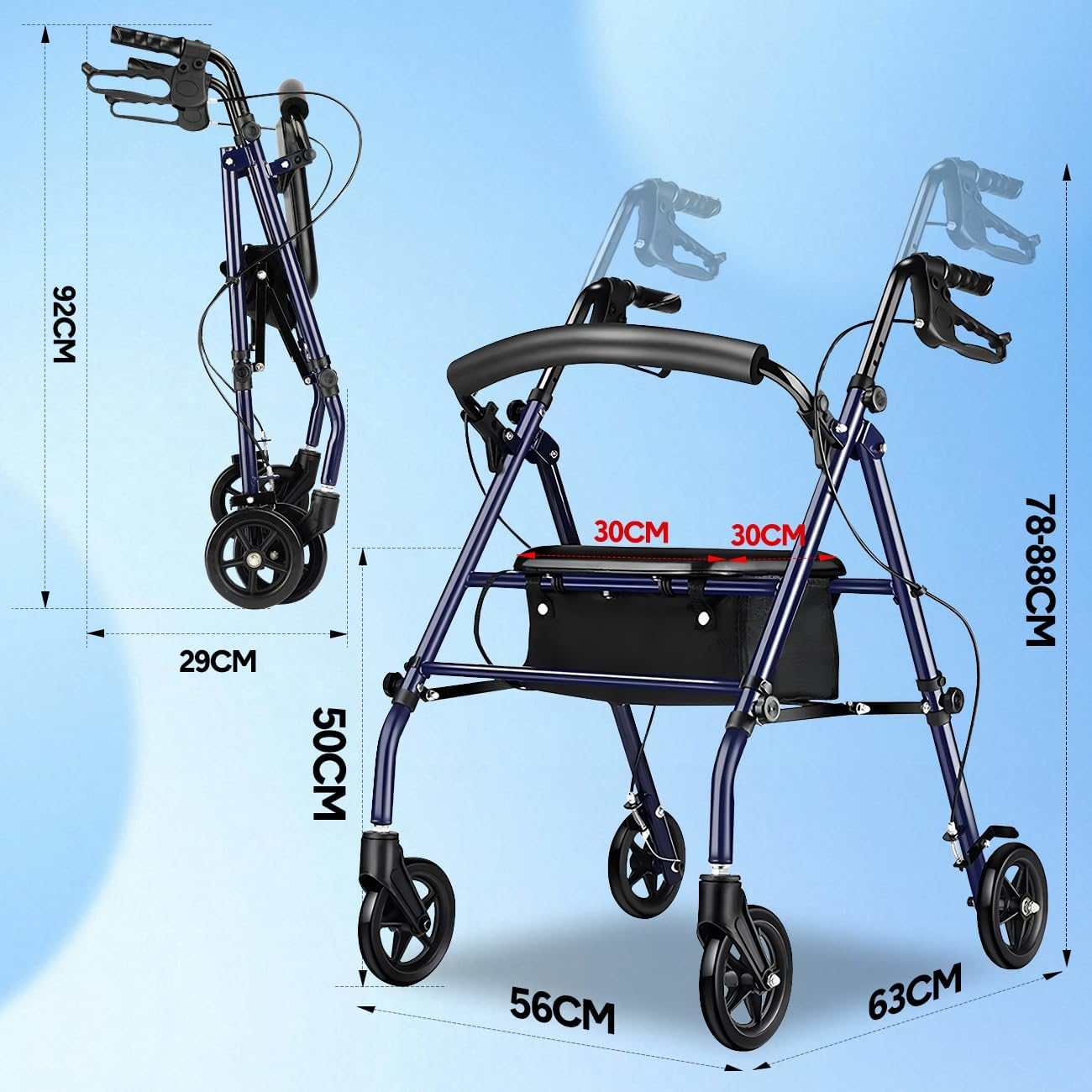 Rollator Walker with Seat, 4 Wheel, Height Adjustable, Foldable, with Brakes image number 6