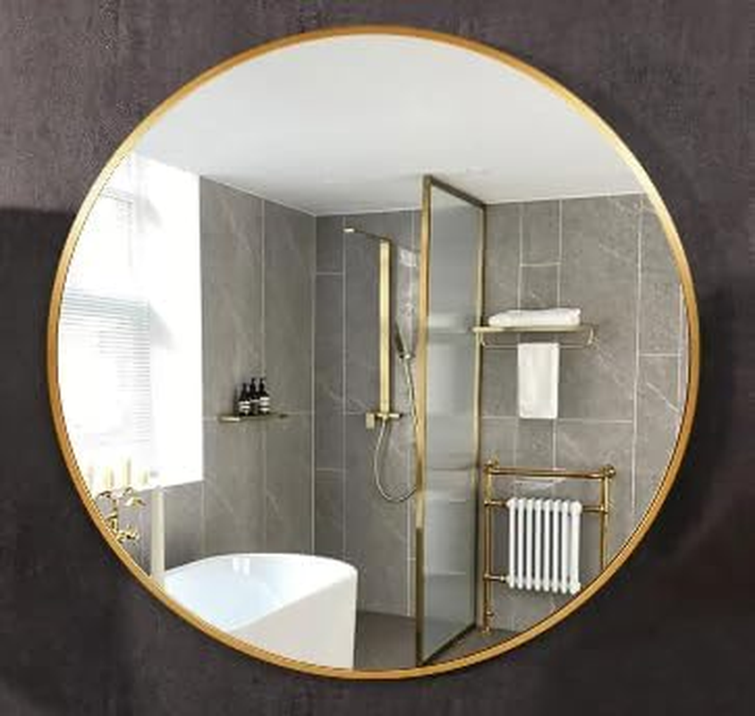 Modern round Rose Gold Wall Mirror 80Cm X 80Cm Aluminium Alloy Frame Sleek Contemporary Design Living Room Bedroom Bathroom D&eacute;cor