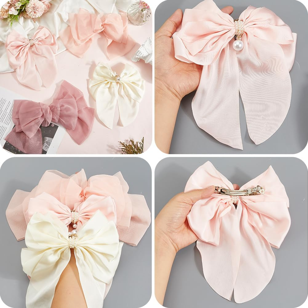 SOFPLATE Pack of 4 Large Hair Clips with Satin Bow, Coquette Hair Bow, Oversized Satin Hair Clip, Pink White Silky Ribbon, Hair Accessories, Large Bows Hair Clips for Women, Bridal, Wedding, Party image number 1