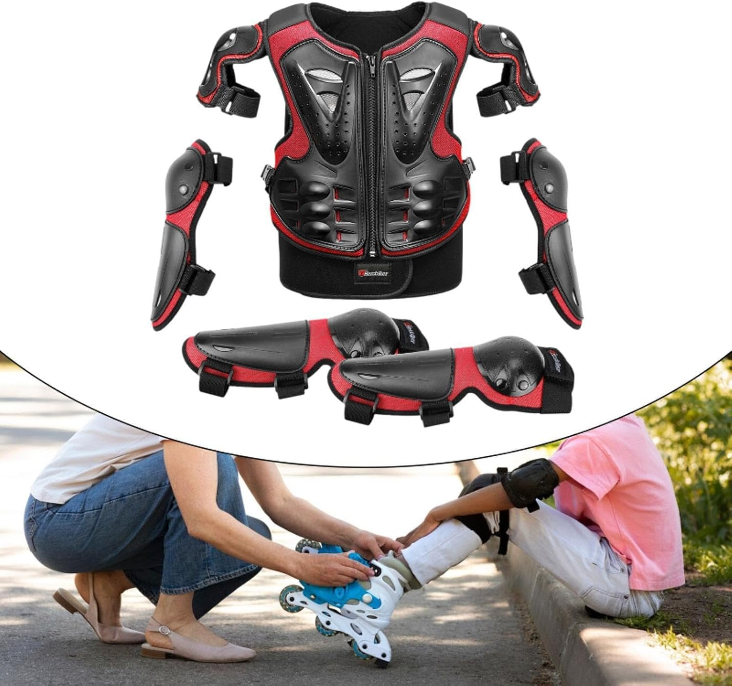 Qcchieus Kids Motorcycle Guard Suit Dirt Bike Gear Comfortable Chest Spine Back Protector with Elbow Knee Pads for Skateboard - Black image number 7