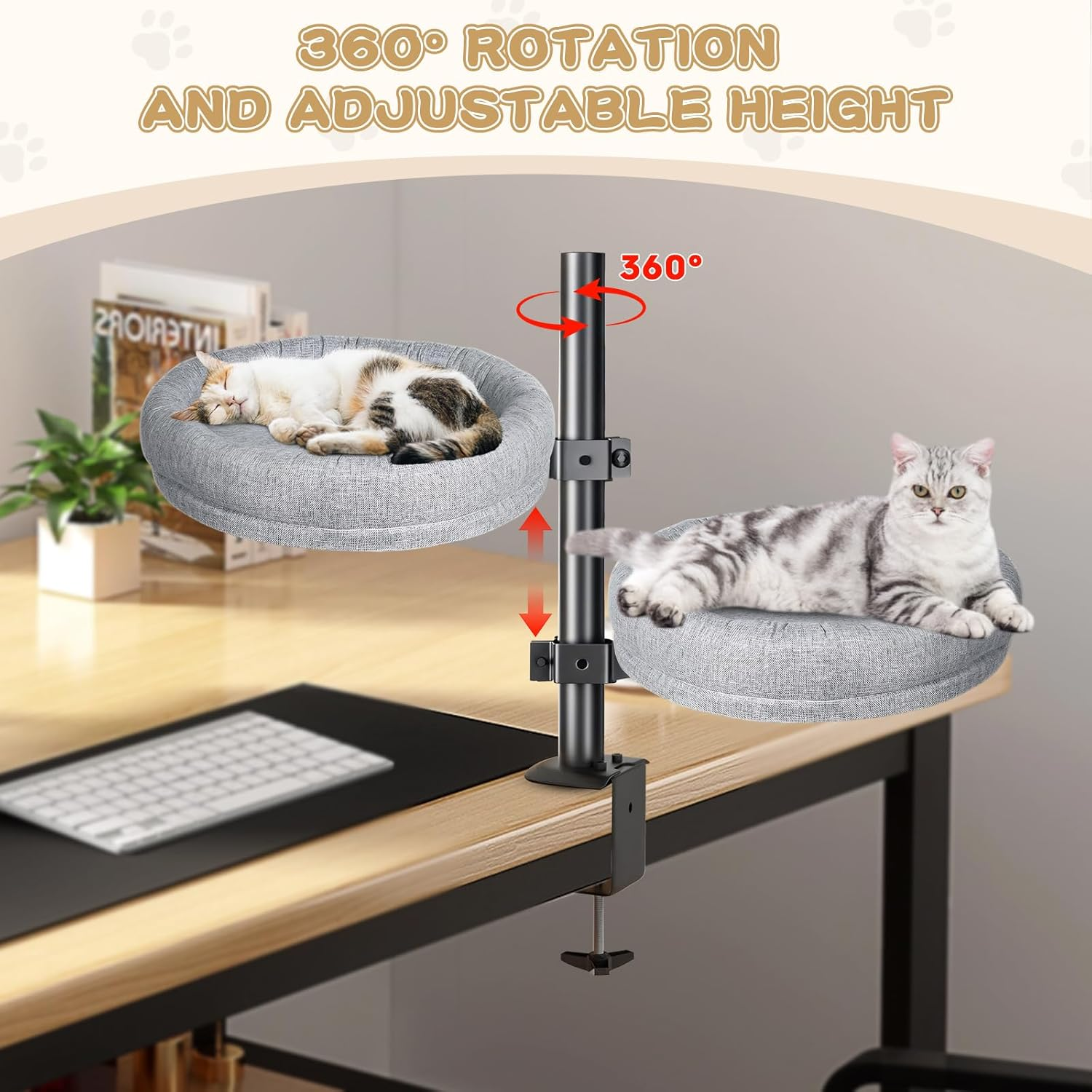 Xoxomeg Cat Bed for Desk, Desktop Pet Bed 360 Rotation & Adjustable Height, Soft & Comfortable Max Load 40 LBS for Home Office
